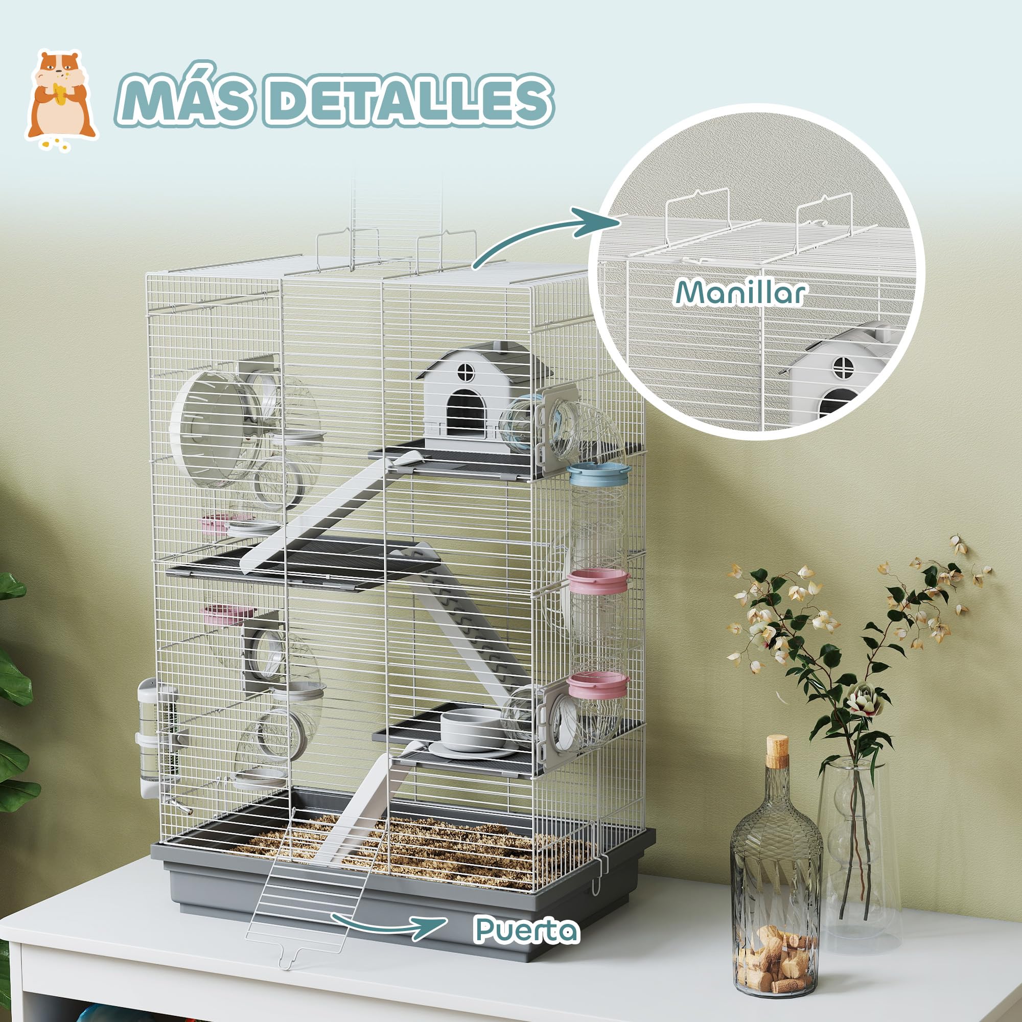 PawHut Jaula para Hámster, 47x30x70 cm, Casa para Animales Pequeños con Túnel, Plataformas, Cuenco, Bebedero, Casita, Rampas y Rueda de Ejercicio, para Hámsteres Enanos, Jerbos, Gris