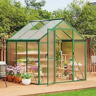 6×6FT Greenhouse, Walk in Greenhouses for Outdoors and Seasons Garden Planting, GreenHouses with Quick Setup Structure and Roof Vent, Polycarbonate Greenhouse with Enhanced Aluminum Frame, Green