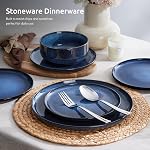 E-far Dinnerware Ensembles pour 2, 6-Piece Assiette en grès et bols, Assiettes en céramique Réactive Glaze Dinning Ware, Micro-ondes & Lave-vaisselle sans danger - Bleu de la mer profonde