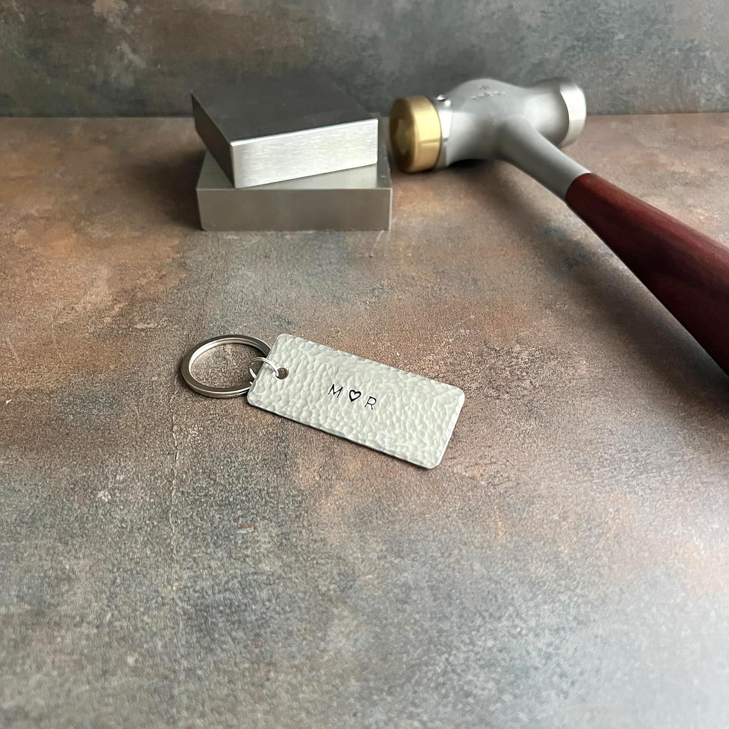 Personalized Metal Keychain, Hammered Copper Bronze Pewter, Custom Hand Stamped Gift for Him Her