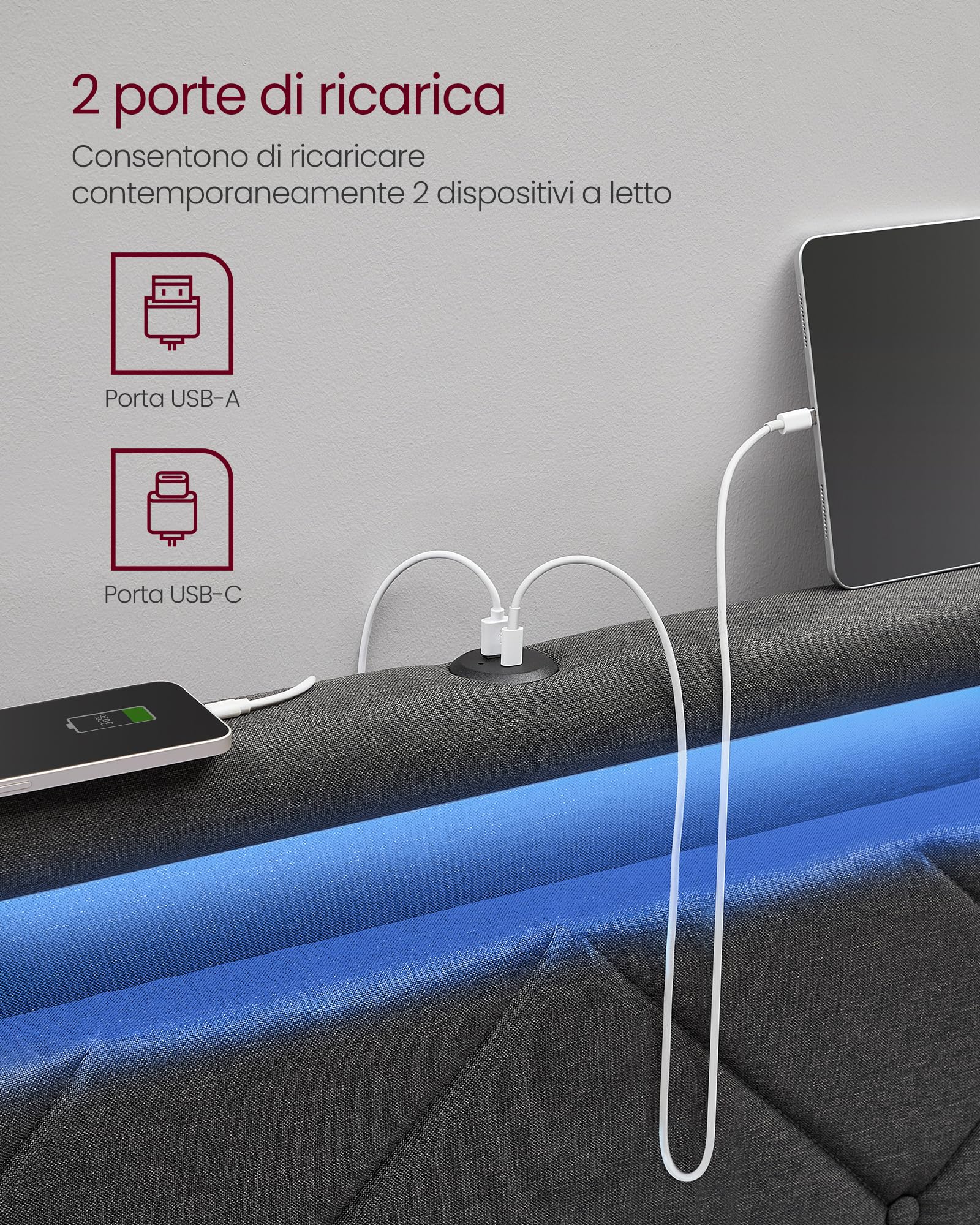 VASAGLE Struttura per letto matrimoniale, Struttura per letto, 160 x 200 cm, LED, Letto in metallo, 4 cassetti, Stazione di ricarica, Testiera imbottita regolabile, Grigio ardesia-Nero opaco RMB828G02