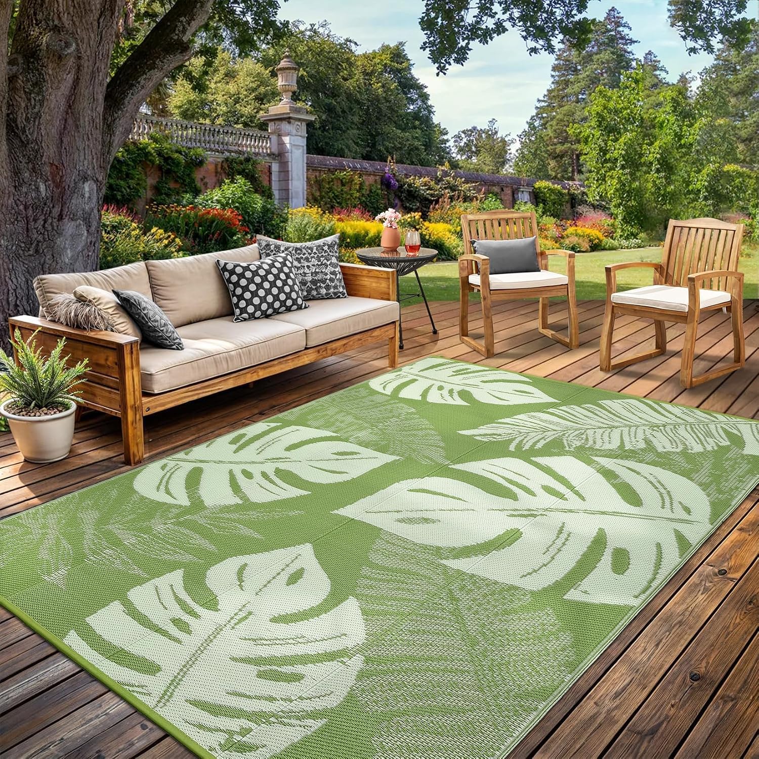 Waterproof Plastic Straw Outdoor Rug 9x18 Patio Reversible UV Resistant Foldable Camping Carpet Modern Leaf Print Large Outdoor Rugs for Deck, Picnic, Porch, Camper, Balcony, Beach，Green