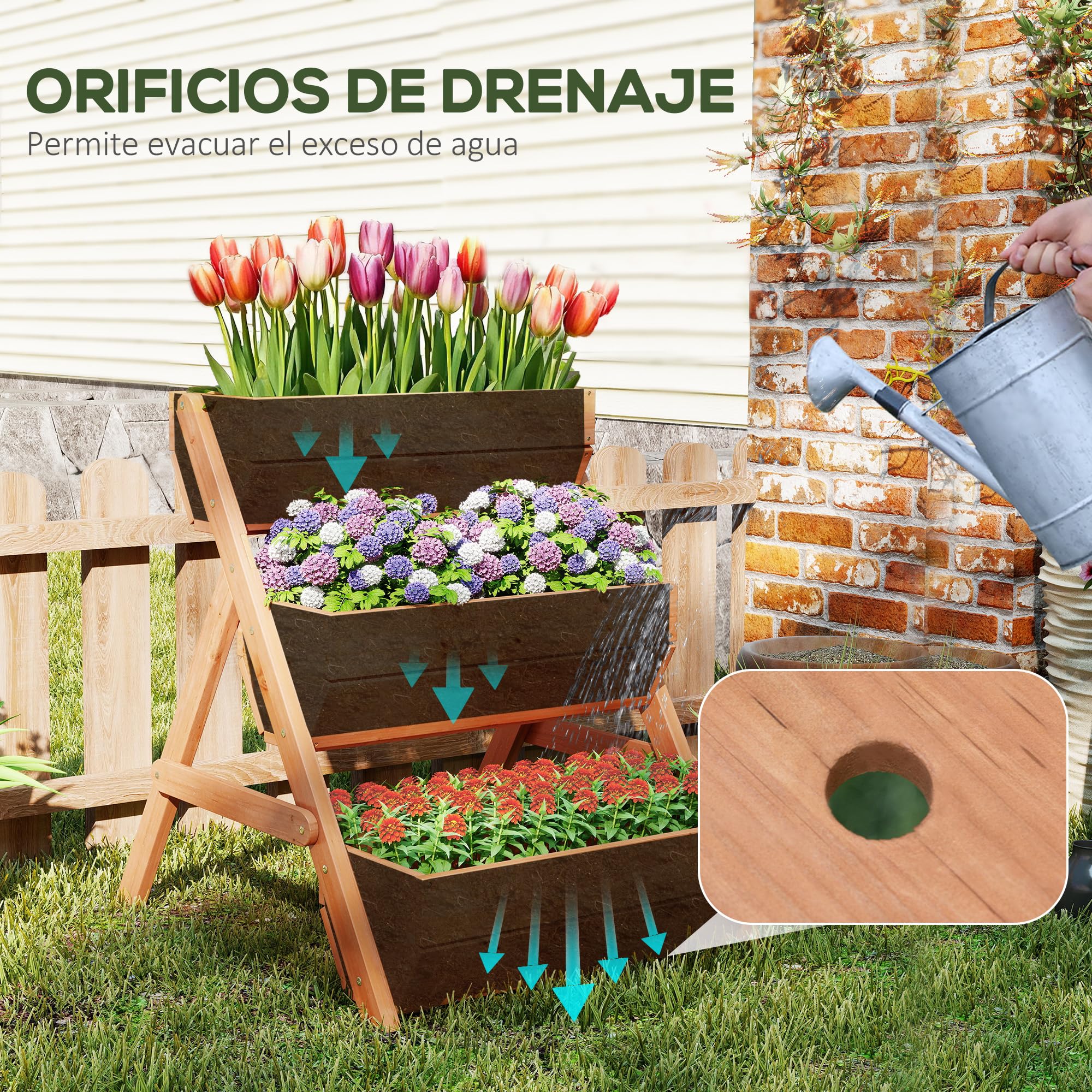 Outsunny Jardinera de Madera de 3 Niveles, Jardinera Elevada Exterior con Orificios de Drenaje, Macetero para Cultivos de Plantas, Flores, para Terraza, Jardín, 65x75x76 cm, Marrón
