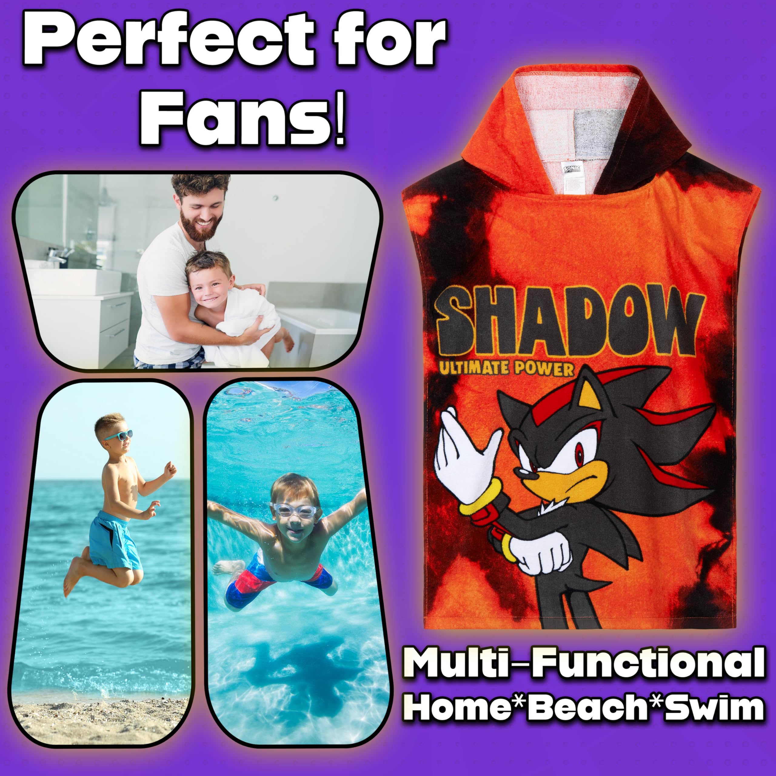 Get Trend SONIC THE HEDGEHOG Asciugamani Bagno Telo Mare con Cappuccio per Bambini Shadow Asciugamano Cotone per Spiaggia Bagno Nuoto (Rosso Shadow, 4-9 Anni)