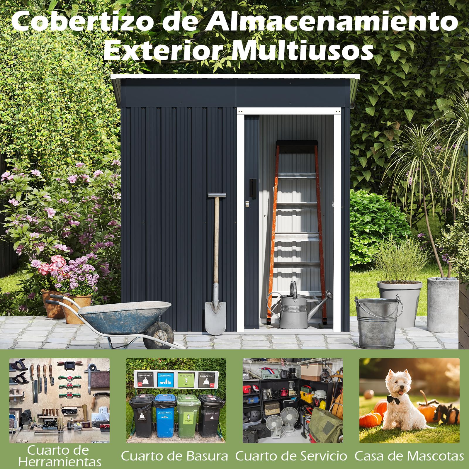 COSTWAY Caseta Jardin Exterior 1 ㎡, 163 x 86 x 181 cm, Cobertizo Jardin Exterior, Metal Galvanizado, Garden Shed de Techo Inclinado, Puertas Corredera Cerrable, Antracita