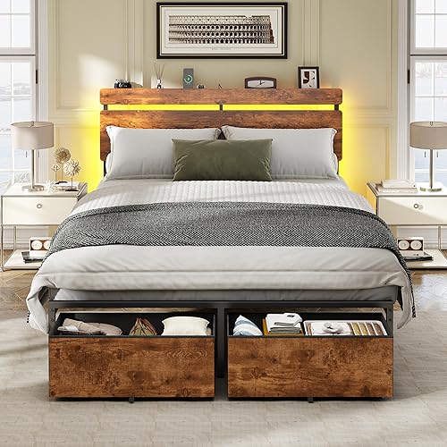 Forestell Full Size Bed Frame with Wood Headboard, Metal Platform Bed with 2 Storage Drawers & Shelf, Built in Charging Station & LED Lights, No Box Spring Needed, Vintage Brown, Camas Full