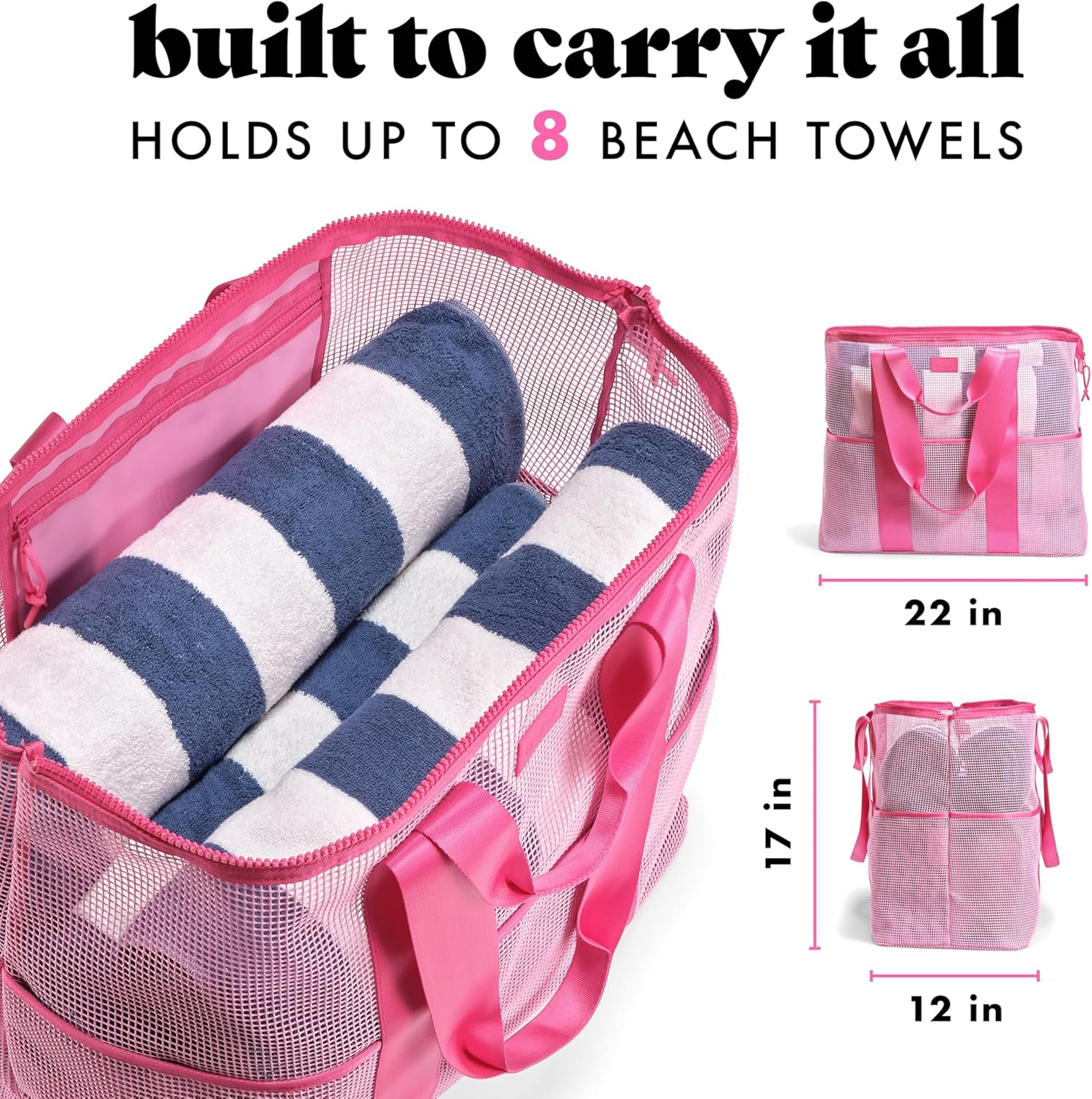 Fit & Fresh The Shore Thing™ Marine Grade Mesh Beach Bag with Pockets - Waterproof Sandproof Tote Bag, Lightweight Foldable Tote Bag, XL Travel Bag, Beach Vacation Essentials, Flamingo Pink - Image 4