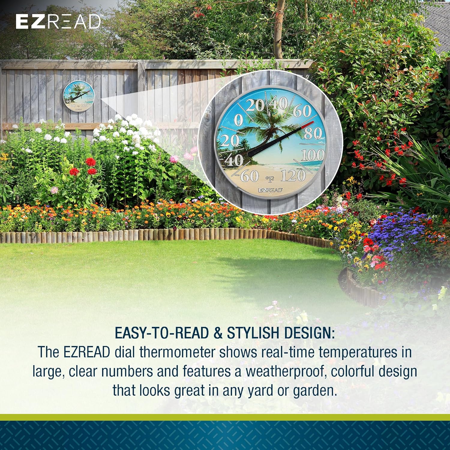 EZREAD Hanging Dial Thermometer 840-1214 Weather Thermometers for Indoor and Outdoor Use, Large 12.5 Inch Diameter, Easy to Read Numbers, Beach