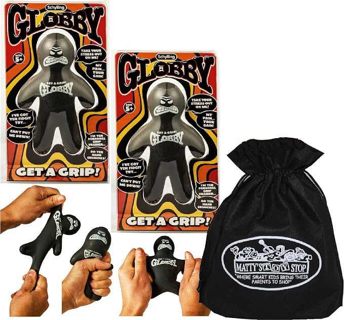 Schylling Globby Guy (Get A Grip & Stretch to Remove Stress) Gift Set Bundle with Exclusive Matty's Toy Stop Storage Bag - 2 Pack