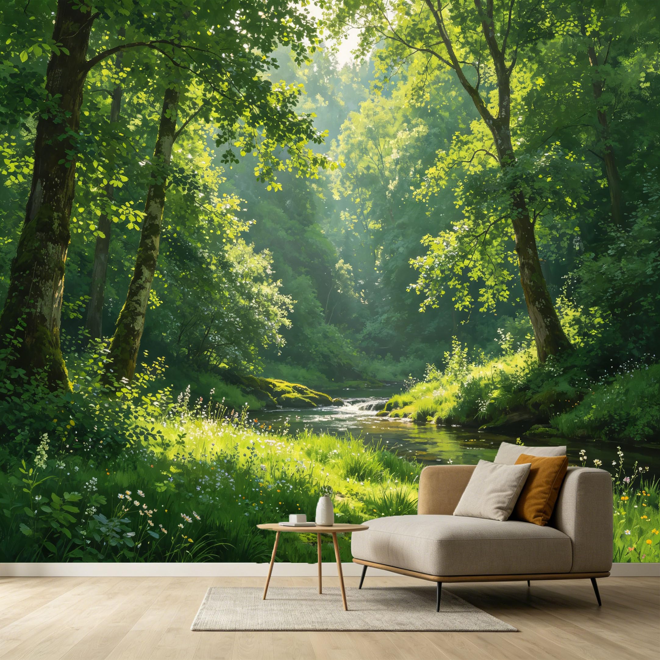 Custom Size Wall Murals Forest Landscape Oil Painting Sunlit Creek Wildflower Meadow SelfAdhesive Wall Fabric Removable Large Wallpaper for Photo Living Room