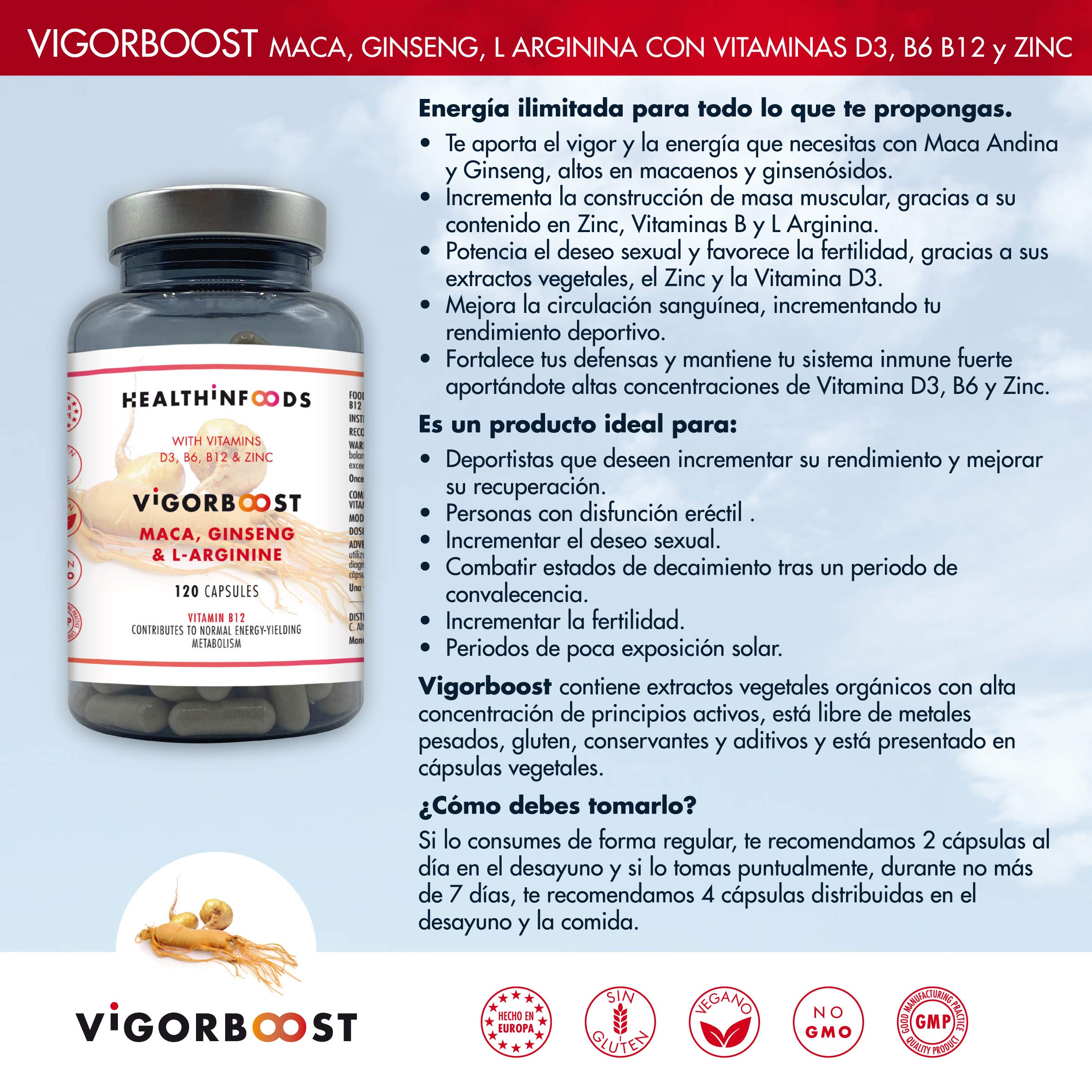 VigorBoost | Maca, Ginseng, Vitamina D, L-Arginina | Vitaminas B6, B12 y Zinc | Para la Líbido, Fertilidad, Masa Muscular y Potencia Sexual | 120 Cápsulas Veganas