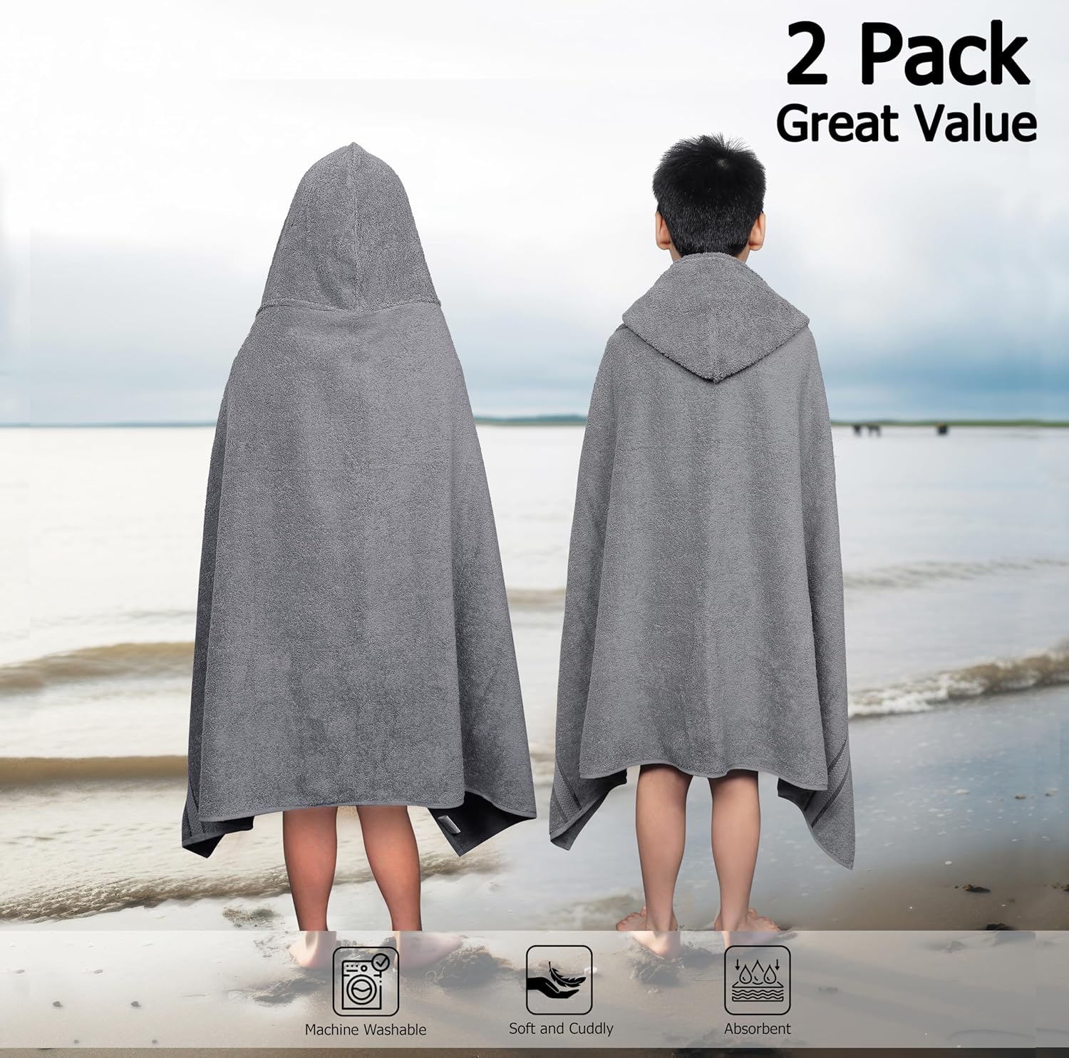 ORIGINAL KIDS Hooded Bath Towel Wrap - 2 Pack - Ultra Soft 100% Cotton Terry Large Oversized Hooded Kids Towel - Shower Pool Beach - 579 GSM Absorbent Quick Dry Plush Gift - 30 x 54 - Charcoal