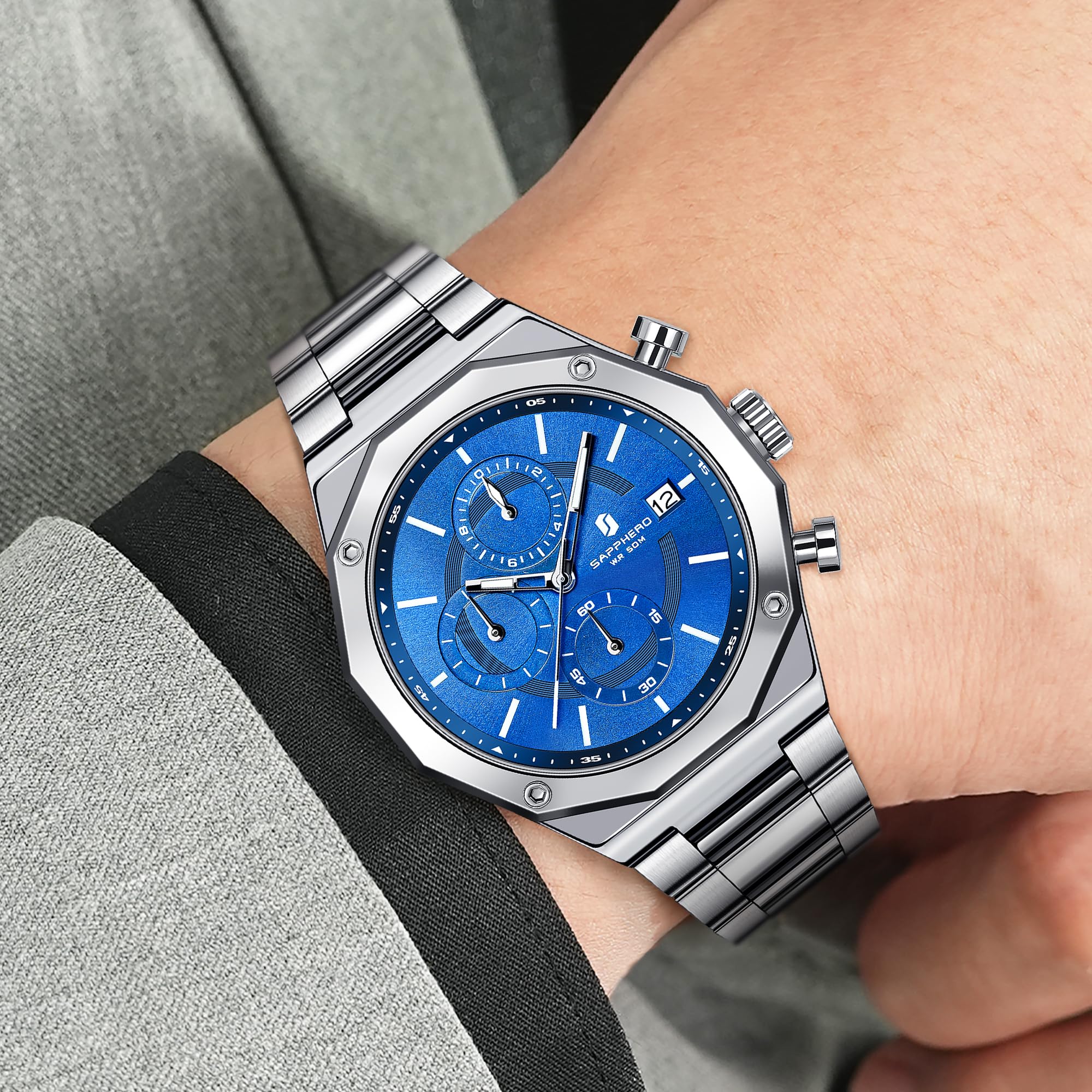 SAPPHERO Orologi Uomo Cronografo Orologi Analogici al Quarzo, Impermeabile 50M, Lancette Luminescenti, Data, Orologio Casual Business, Design Classico, Regalo Elegante