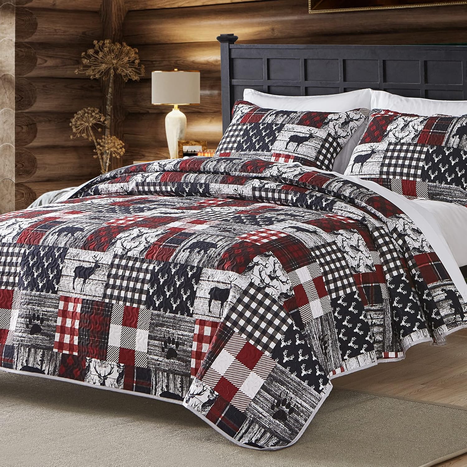 Cabin Quilt Set Queen, Christmas Rustic Quilt Coverlet Bed Set, 3-Piece Lightweight Reversible All Season Quilt Set, Lodge Bedspread Quilt with 2 Shams