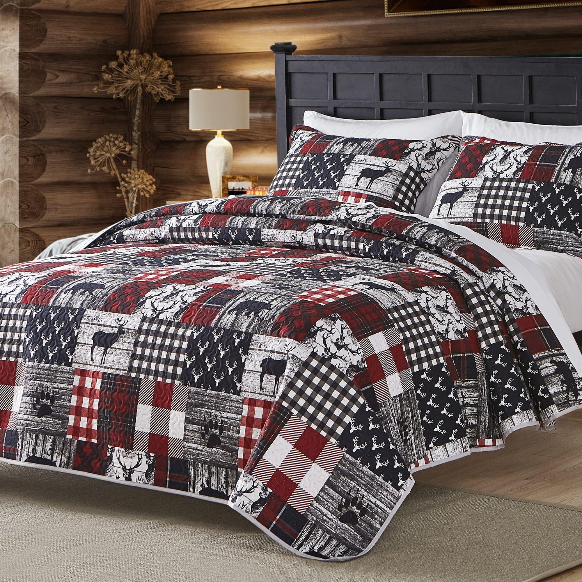 Cabin Quilt Set Queen, Christmas Rustic Quilt Coverlet Bed Set, 3-Piece Lightweight Reversible All Season Quilt Set, Lodge Bedspread Quilt with 2 Shams