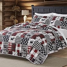 Cabin Quilt Set Queen, Christmas Rustic Quilt Coverlet Bed Set, 3-Piece Lightweight Reversible All Season Quilt Set, Lodge Bedspread Quilt with 2 Shams