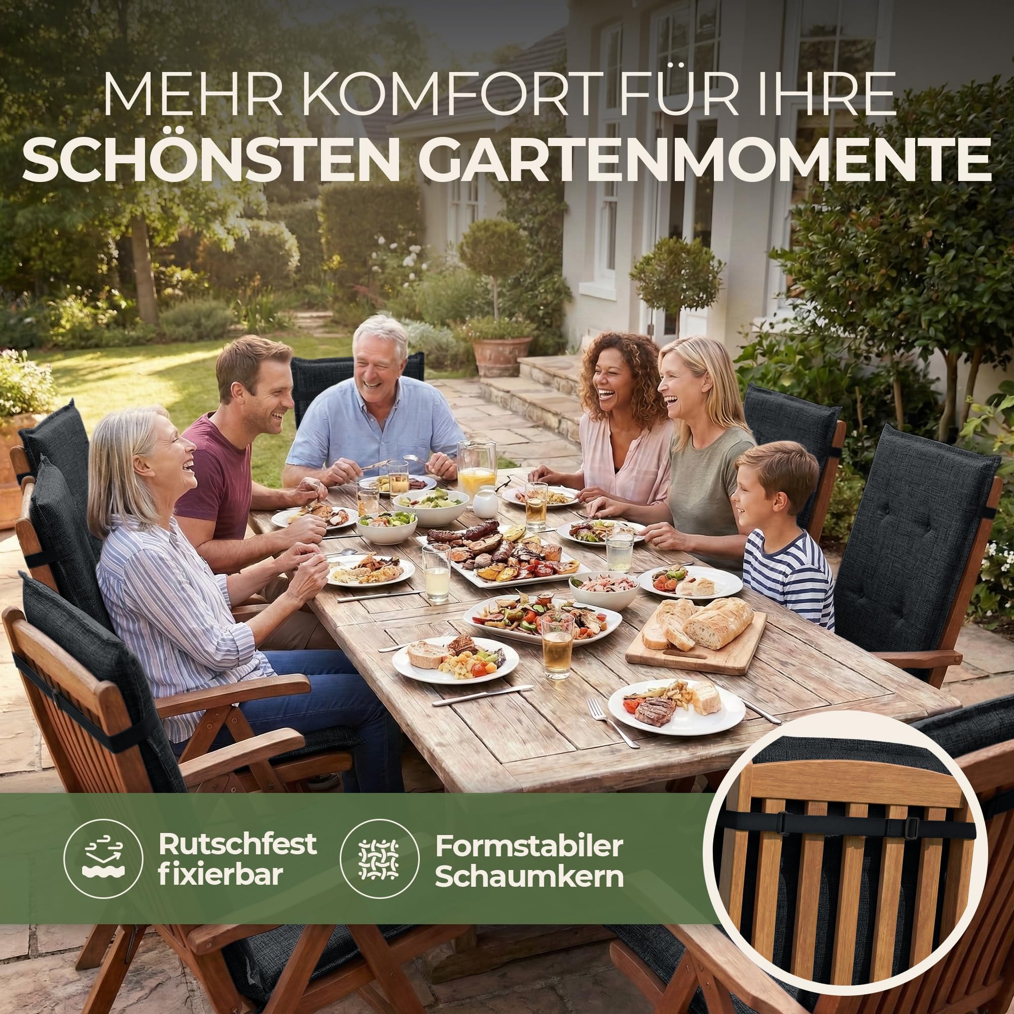 Florence Hochlehner Auflage – Gartenstuhlauflage Hochlehner mit Schaumstoff Polster, Outdoor Kissen & Stuhlkissen für Gartenstuhl, Sitzkissen Stuhl & Sitzkissen Bank, Outdoor (4, anthrazit)