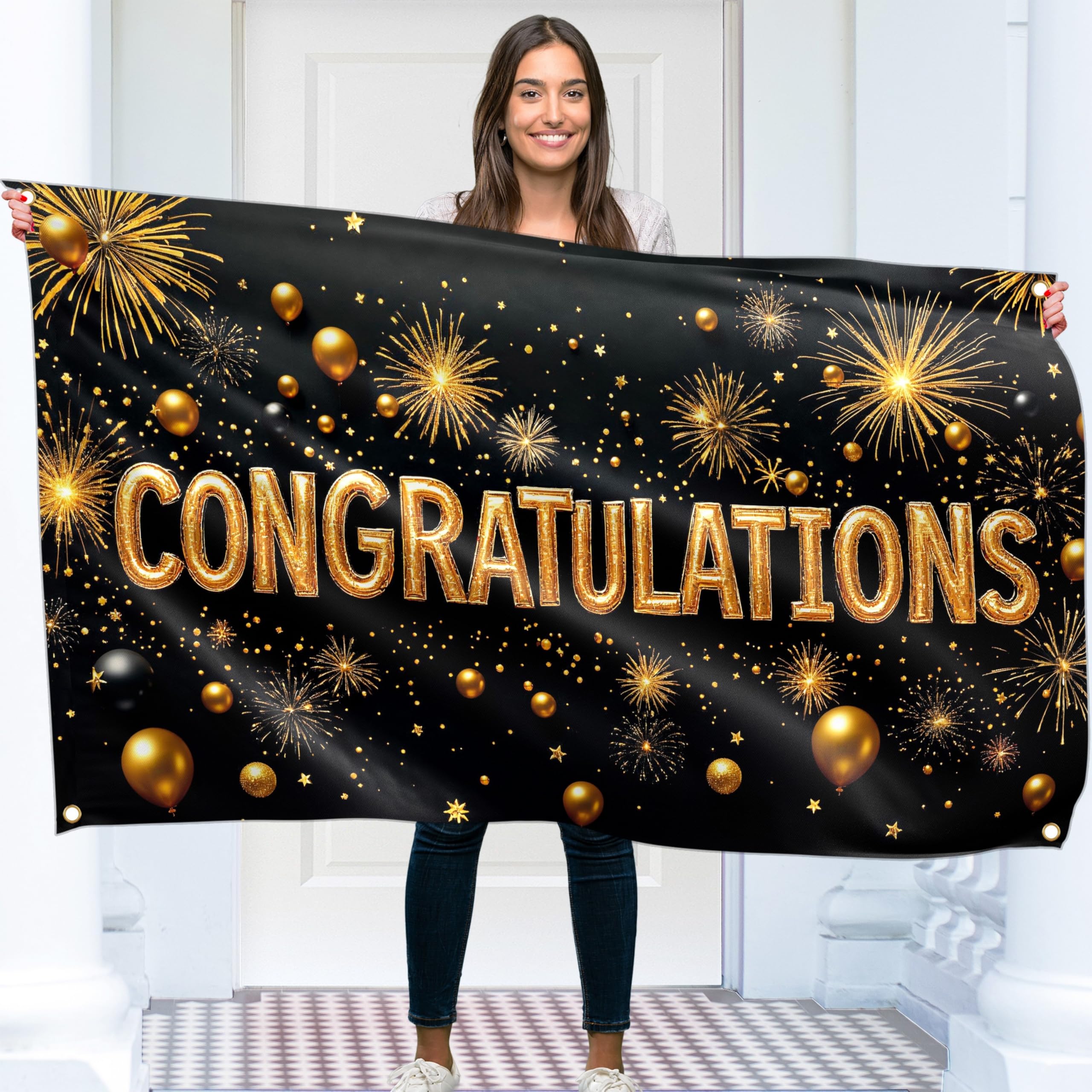 Congratulations Banner - Graduation Decorations 5x3ft - Well Done Banner - We Are So Proud of You - You Did It (Black and Gold)
