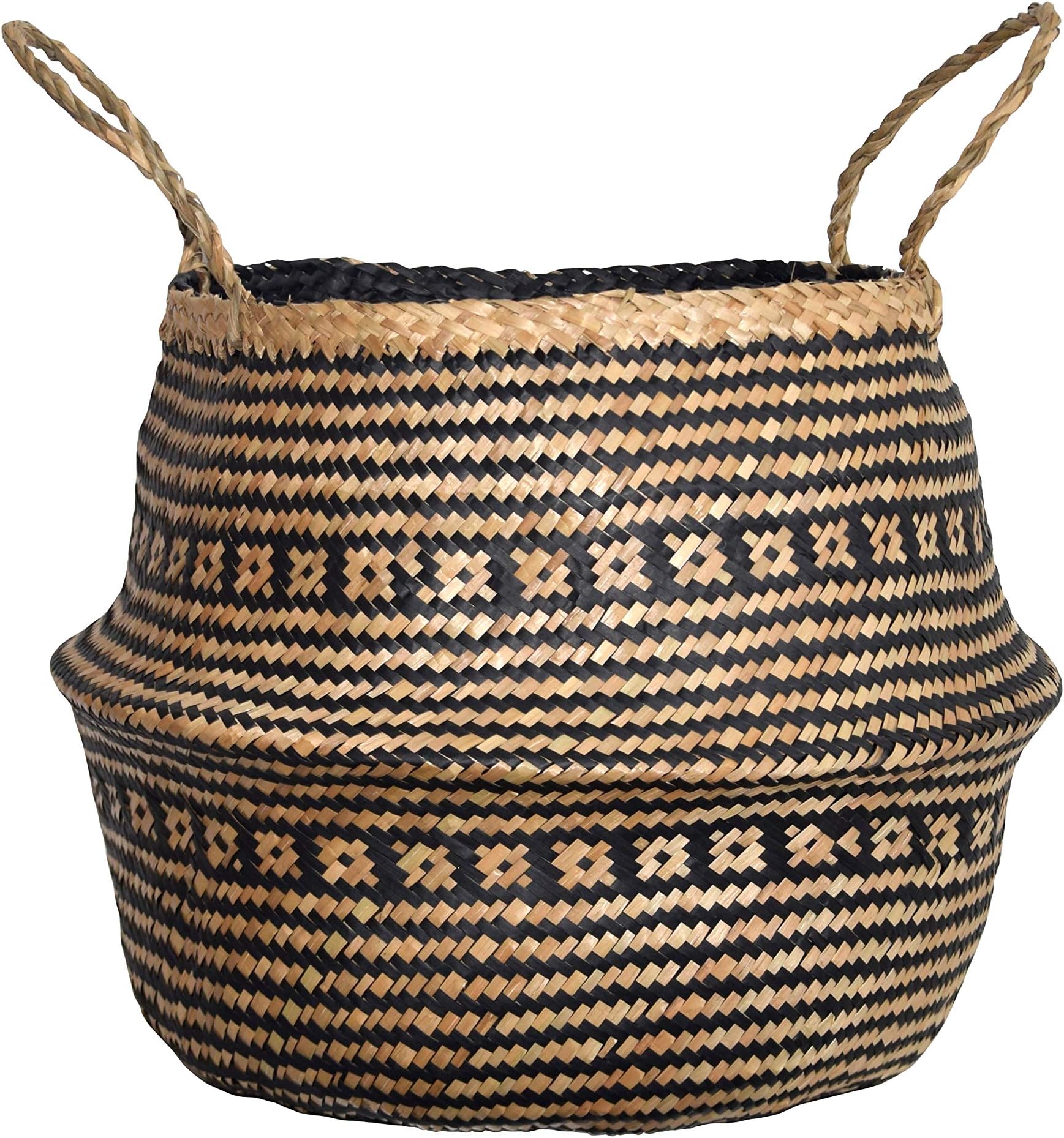 Small Natural and Plush Woven Seagrass Tote Belly Basket for Storage, Laundry, Picnic, Plant Pot Cover, and Beach Bag (Plush Criss-Cross Seagrass Black, Small)