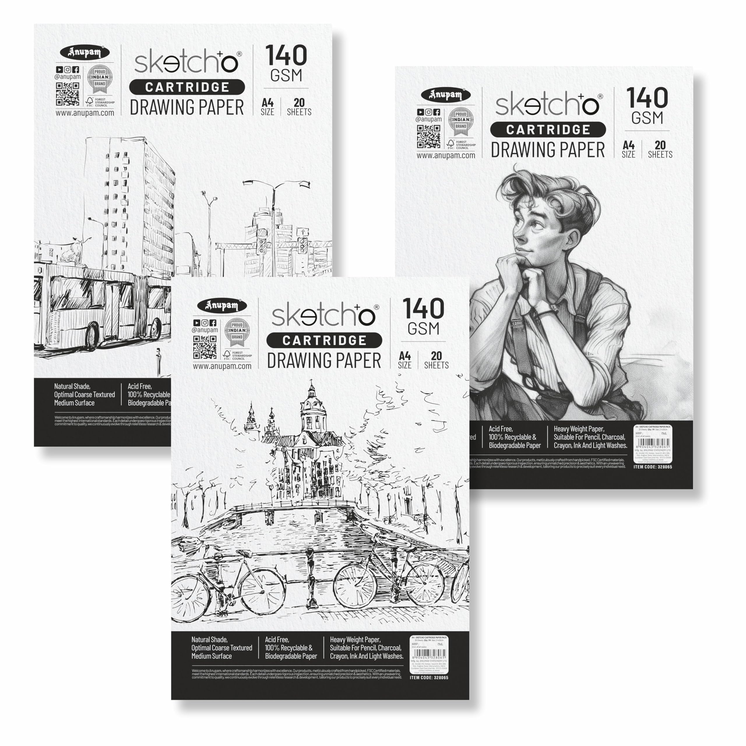Anupam SketchO Sketching & Drawing Paper A4 | 20 Sheet 40 Pages | 140 GSM Sheet for Pencil, Charcoal, Graphite, redchalk Pastel, Chalk, Oil Pastel & Wax Crayon for Artist's & Amateurs (Set of 3)