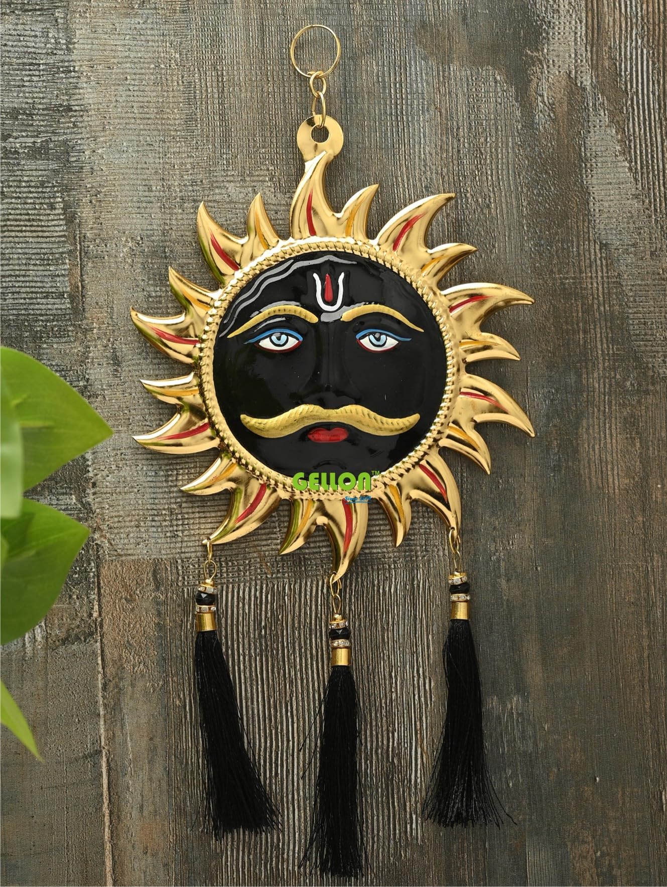 Wall Hanging Sun Face in Black Finish with Black & Gold Finish, Fang Shui Lord Surya Murti Idol, Suraj for Home Decoration, Showpiece for Home, Office, Shop (Sun with Latkan)