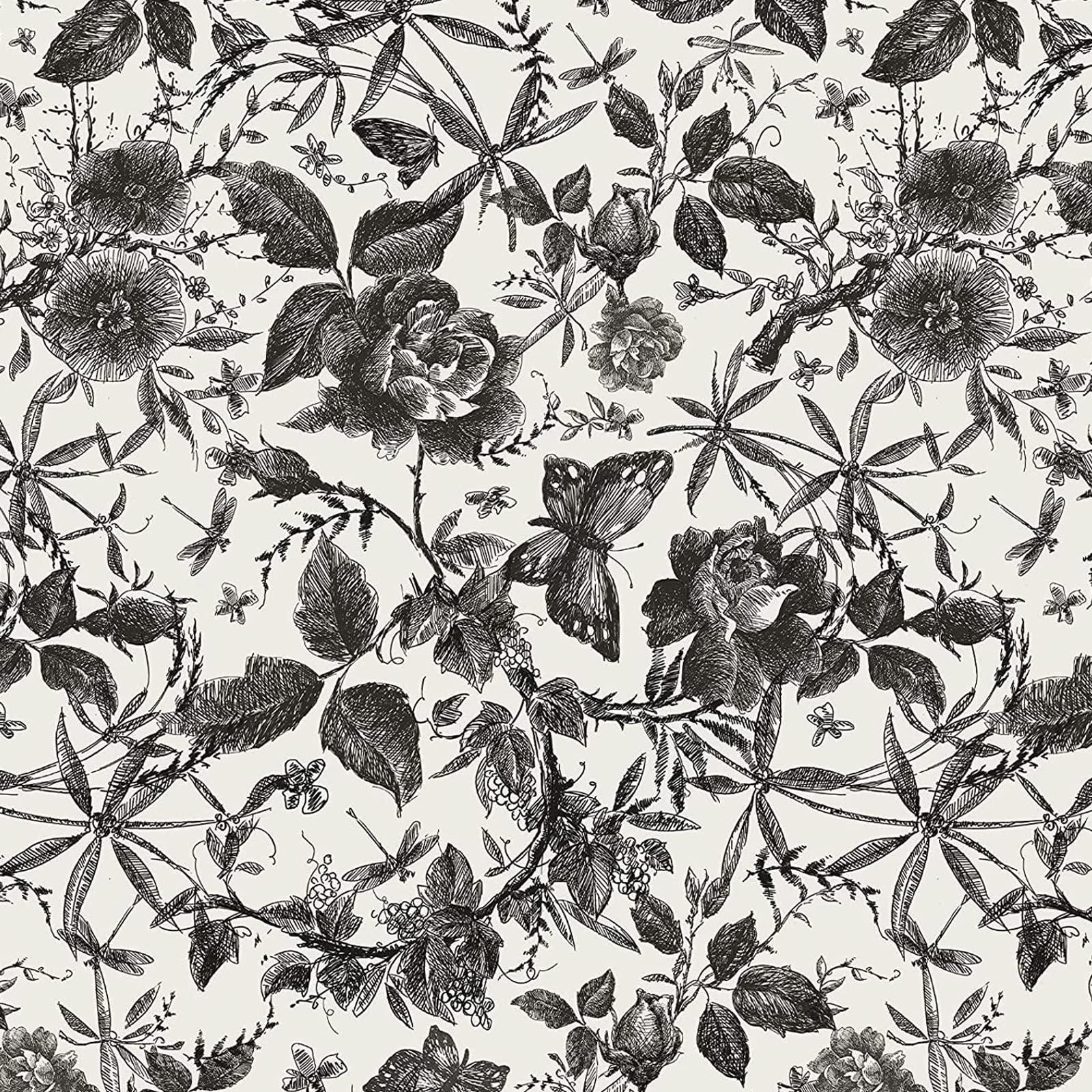 Vintage Flower Contact Paper Black and White Peel and Stick Wallpaper Floral Sketch Rose Butterfly Removable Wallpaper Self Adhesive Wallcovering for Dresser Cabinets Bedroom Walls 15.75"×118"