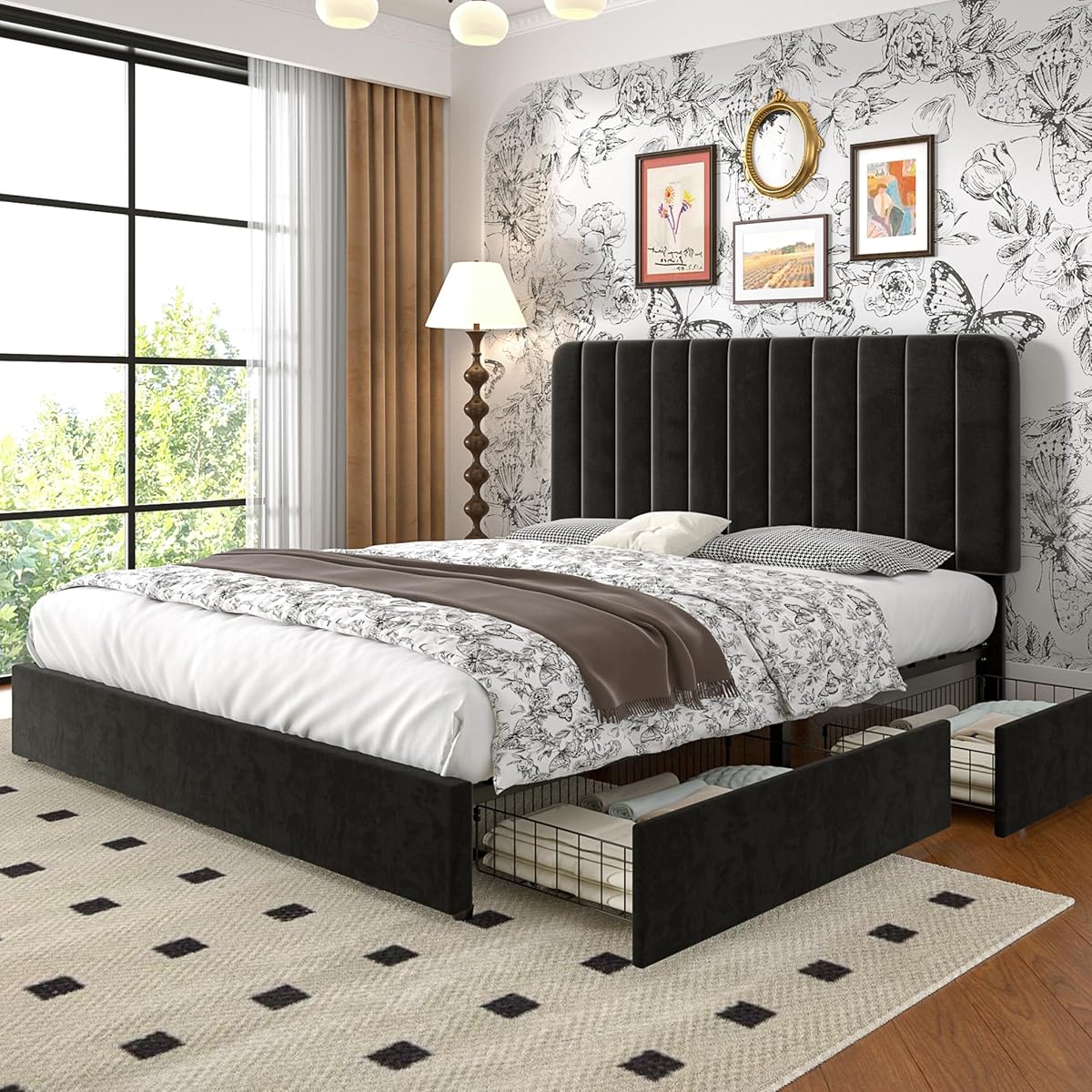 VECELO King Size Upholstered Bed Frame with 4 Drawers and Headboard, Velvet Platform Storage Bedframe, Wooden Slats Support, No Box Spring Needed,Black