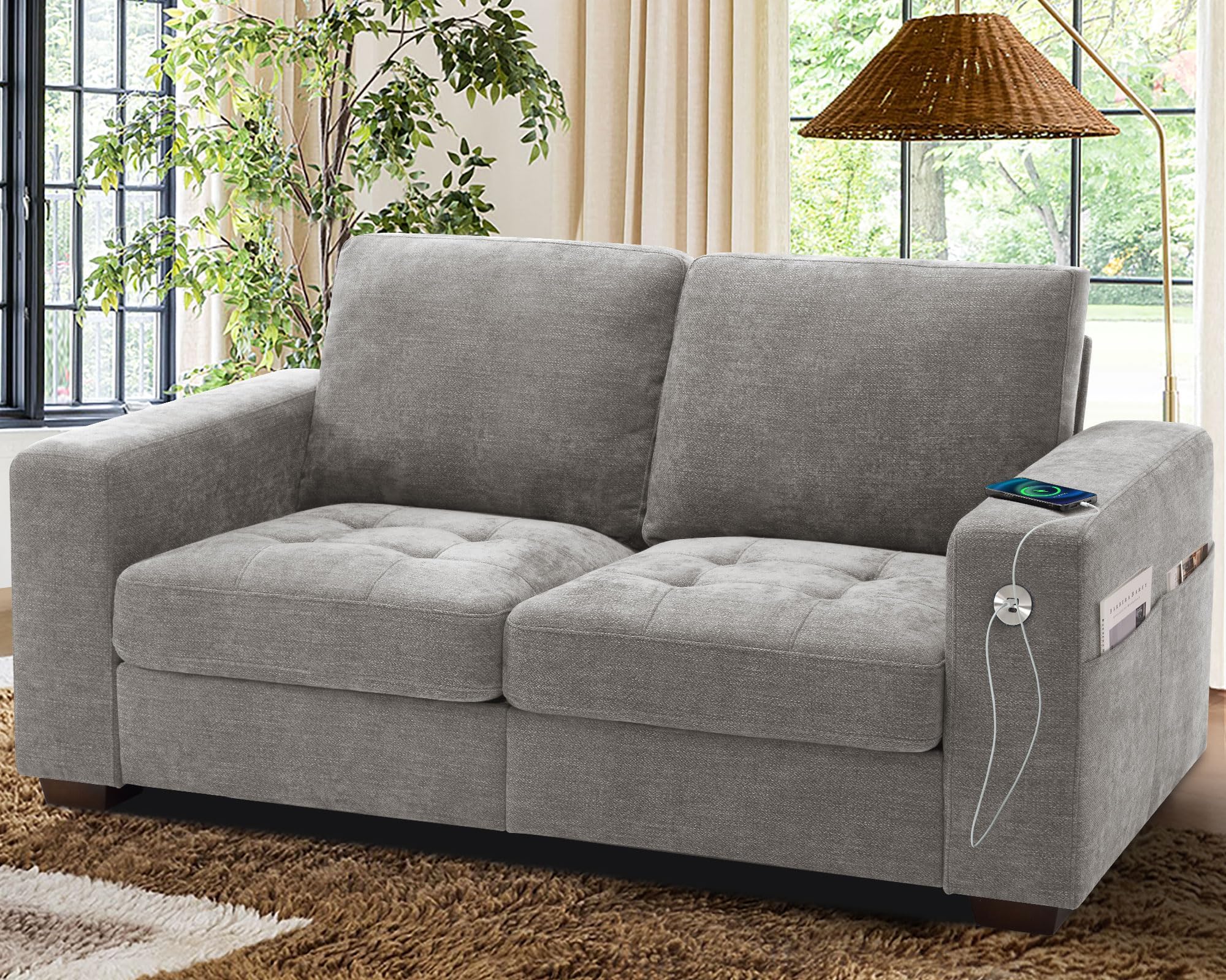 WorthFurni Sofas for Living Room, Chenille Loveseat Couch Set, Small Sofa, 3 Seater Sofa, USB Charging, Removable Sofa Cover,Solid Wood Frame, Easy to Install(70inch,Grey)