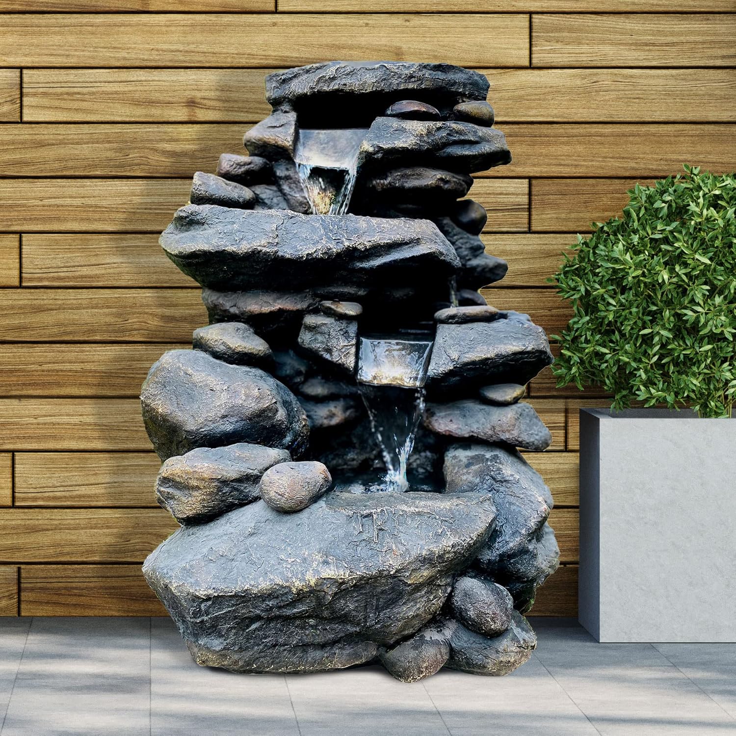Oritty 3-Tier Outdoor Rock Water Fountain with LED Lights, 26” Floor Standing Waterfall Soothing Sound Nature Decor for Garden, Patio, Deck, Porch, Lawn : Everything Else