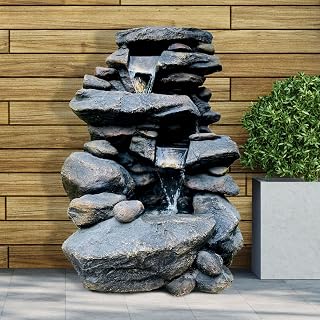 3-Tier Outdoor Rock Water Fountain with LED Lights, 26” Floor Standing Waterfall Soothing Sound Nature Decor for Garden, Patio, Deck, Porch, Lawn