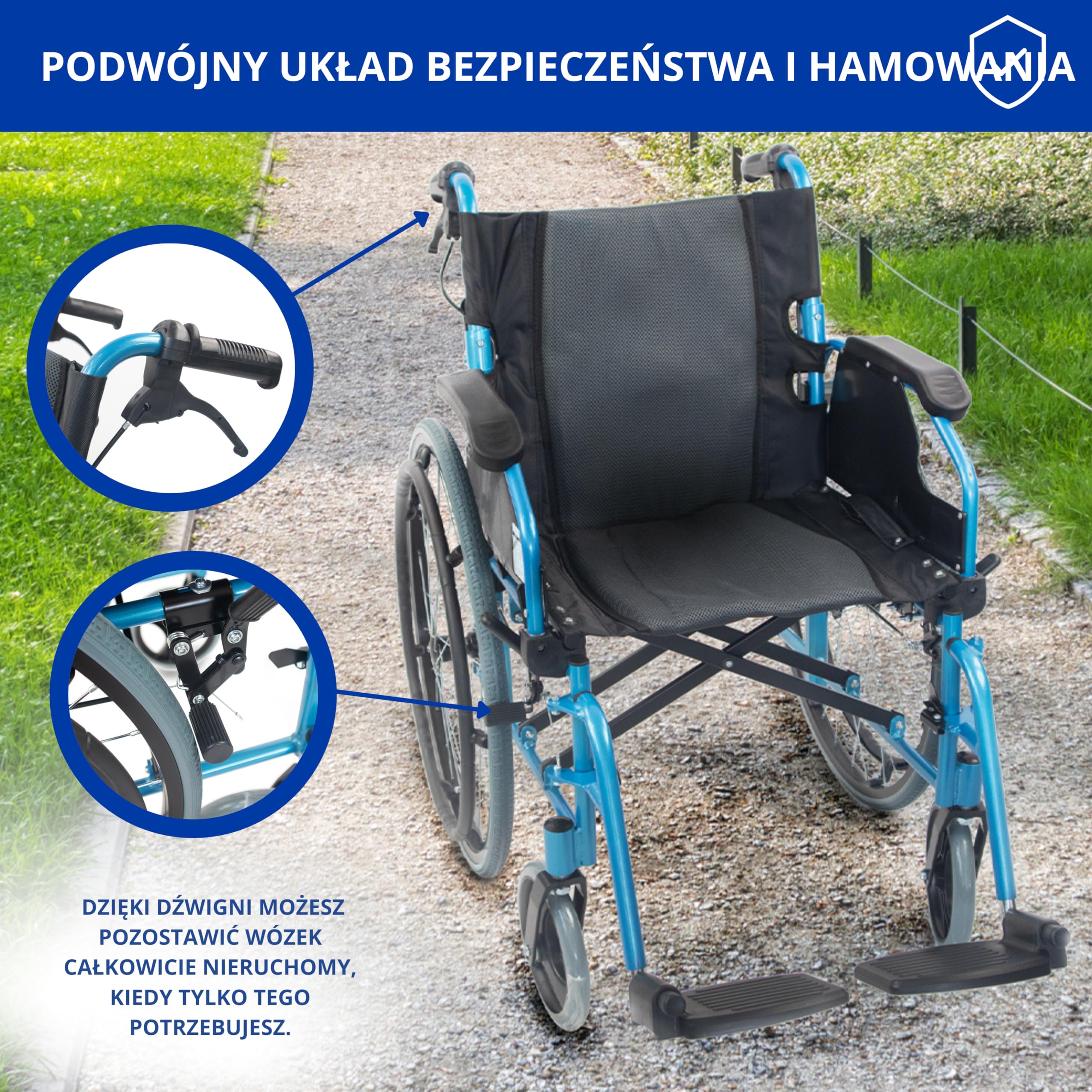 Składany wózek inwalidzki | Aluminium | Dzielone oparcie | Składane podłokietniki | Niebieski | Bolonia | Mobiclinic