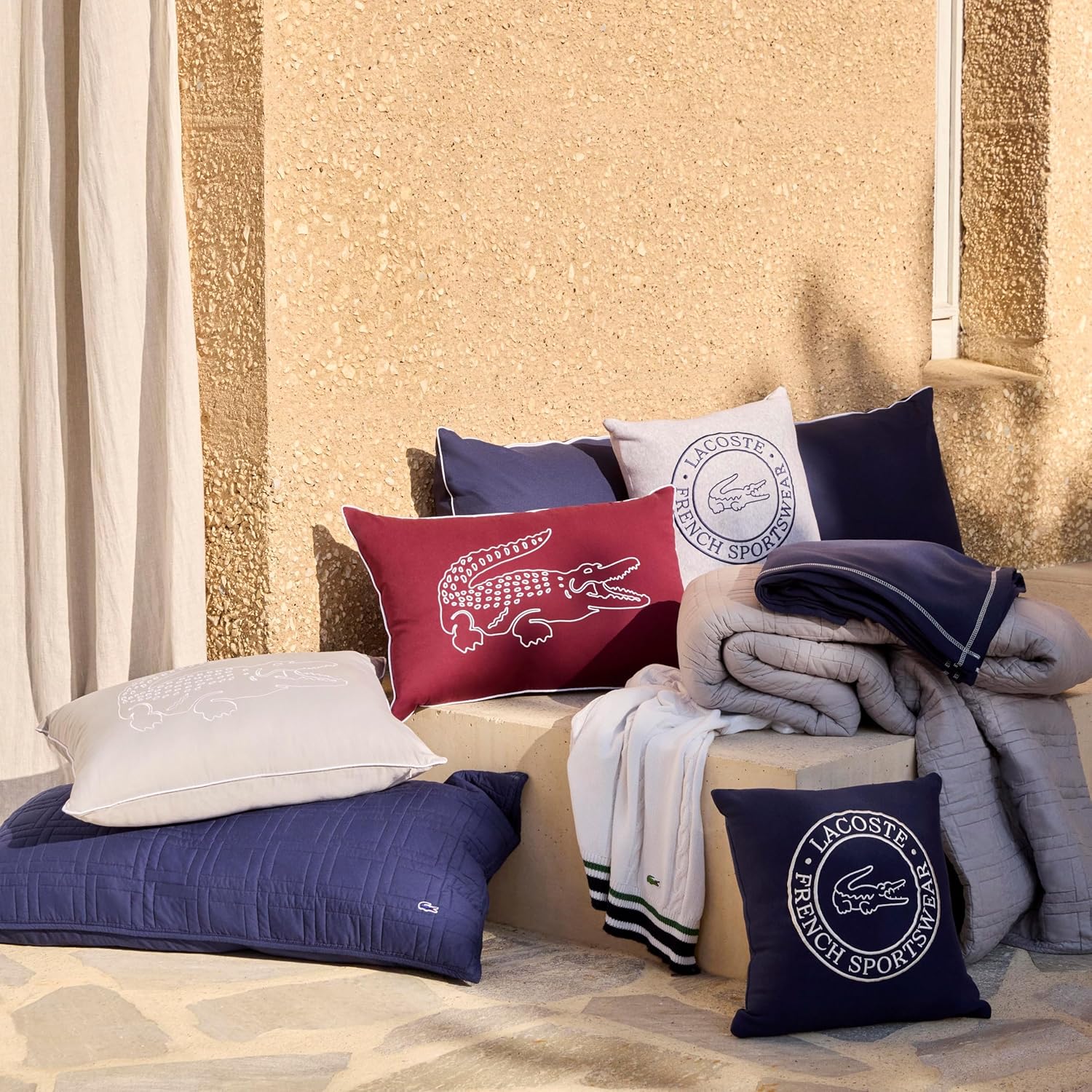 Lacoste Sportswear Decorative Pillow – 16" x 16" Square Throw Pillow for Bed Sofa Couch, Embroidered Crocodile Logo, Ultra Soft Sweatshirt Knit Cotton and Polyester Blend, Machine Washable, Navy