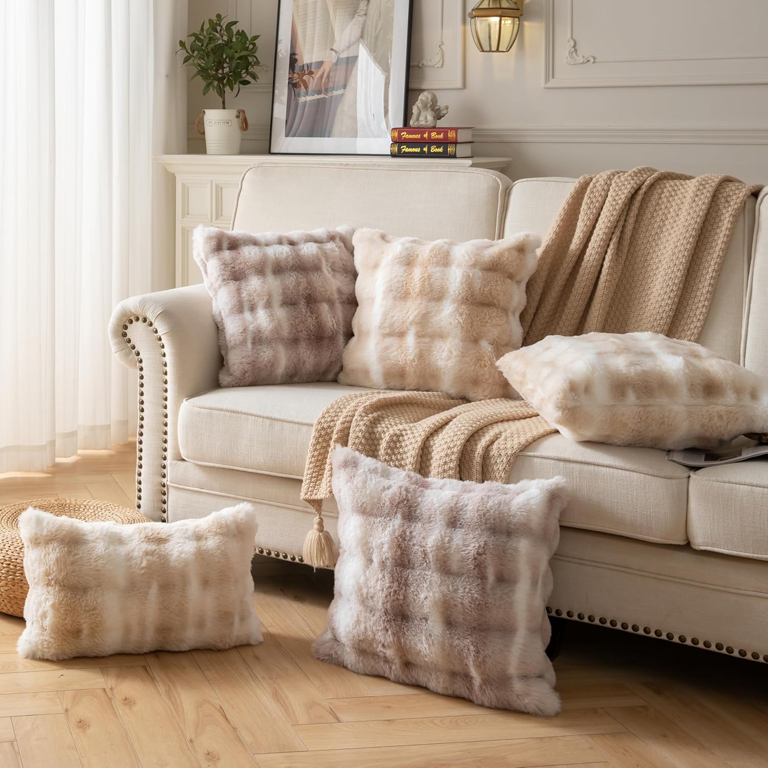 Pack of 2 Thick Plush Throw Pillow Covers Fluffy Wave Faux Fur Decorative Cushion Covers Soft Wool Pillowcase for Sofa Couch Livingroom 16x16 Inch White Beige - Image 6