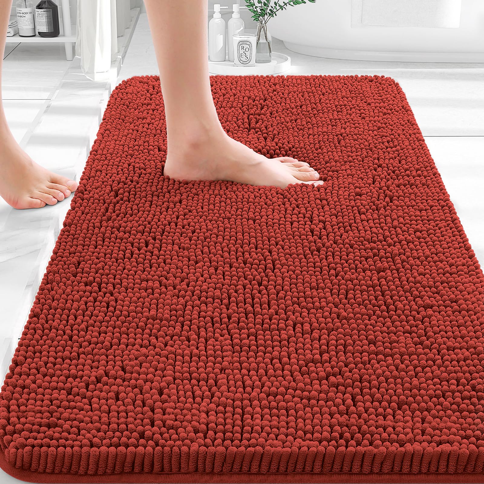 OLANLY Small Bathroom Rugs 30x18, Extra Soft Absorbent Chenille Bath Rugs | Rustic Terracotta, Quick-Drying Rubber Backing, Washable Bath Mat for Bathroom Floor, Tub and Shower, Home Decor Accessories