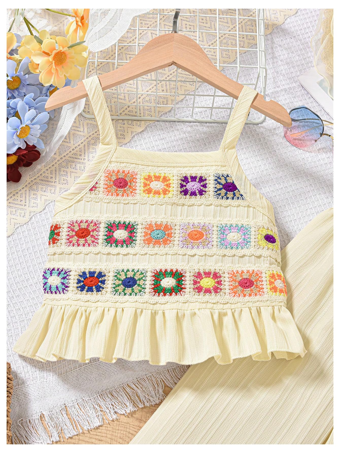 Floerns Conjunto de 2 piezas para niña, camiseta de punto de verano con pantalones de pierna ancha