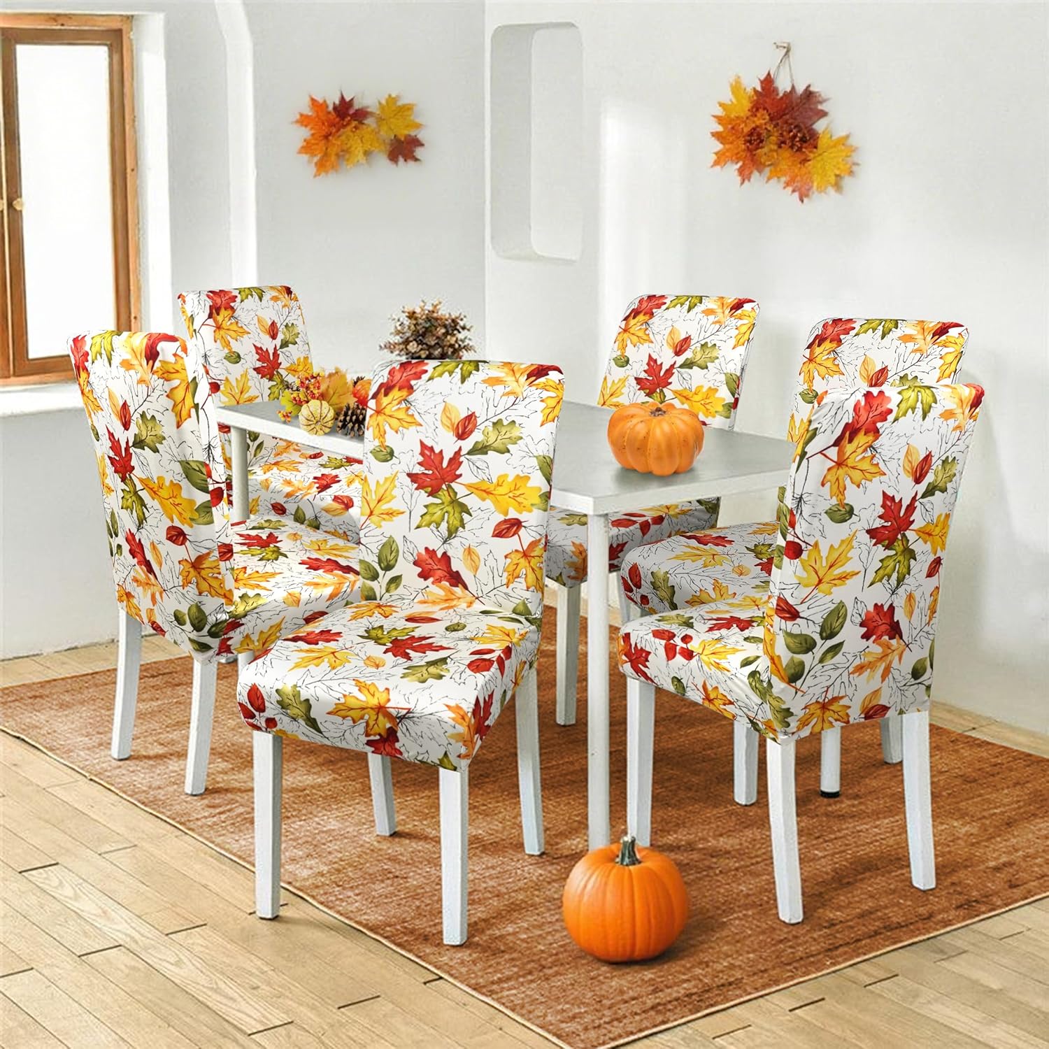 Fall Chair Covers for Dining Room Set of 6 Autumn Maple Leaf Dining Chair Protectors 6 Pcs Stretch Removable Washable Chair Slipcovers 6 Pack for Thanksgiving Home and Party Decor