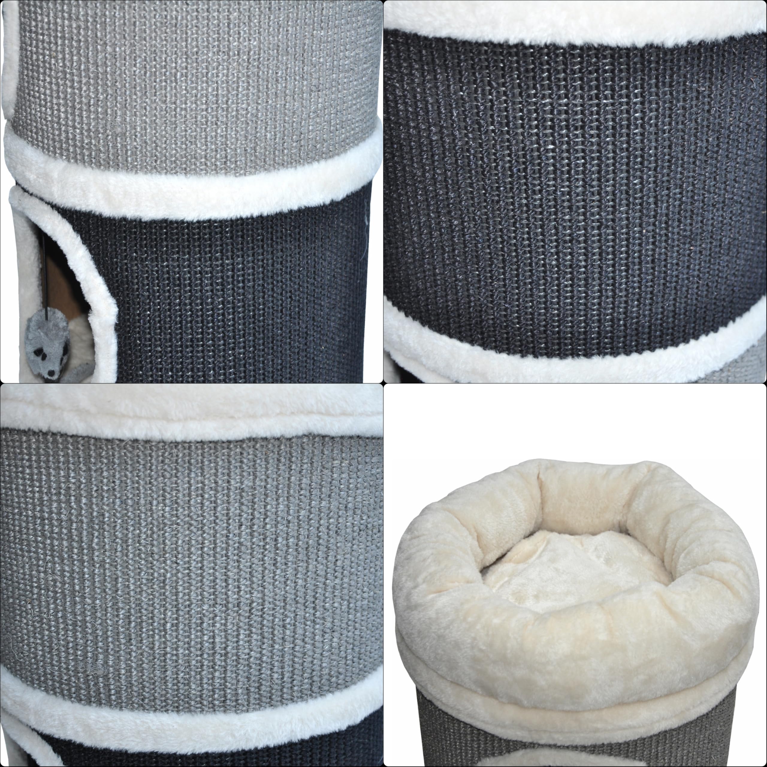 nanook Bella Tonneau à chat en sisal, hauteur 80 cm, diamètre : 35 cm, arbre à chat avec 3 niches, arbre à chat, tour à chat en sisal, meuble pour chat, gris/noir