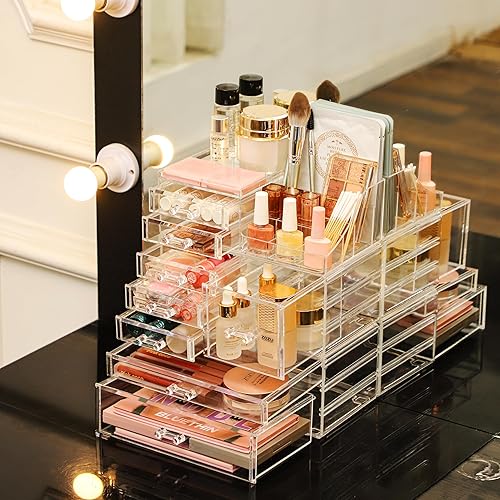 Miniatura 7 de Organizador de maquillaje acrílico transparente, organizador apilable para el cuidado de la piel con 8 cajones, organización grande de accesorios de