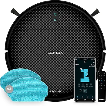 Cecotec Robot Aspirador con Navegación Giroscópica Conga 999 Map X-Treme. Motor de Succión 2000Pa, 2 Cepillos Laterales, 2 Mopas de Fregado, Autonomía 120 mins, Control con App y Mando