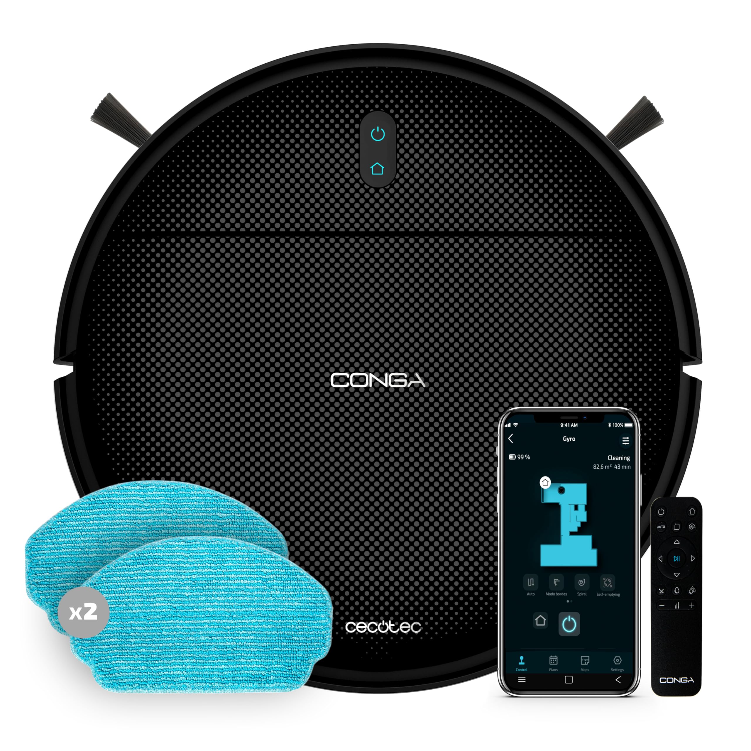 Cecotec Robot Vacuum Cleaner with Gyroscopic Navigation Conga 999 Map X-Treme. 2000Pa Suction Motor, 2 Side Brushes, 2 Sink Mops, Autonomy 120 mins, Control with App and Remote Control