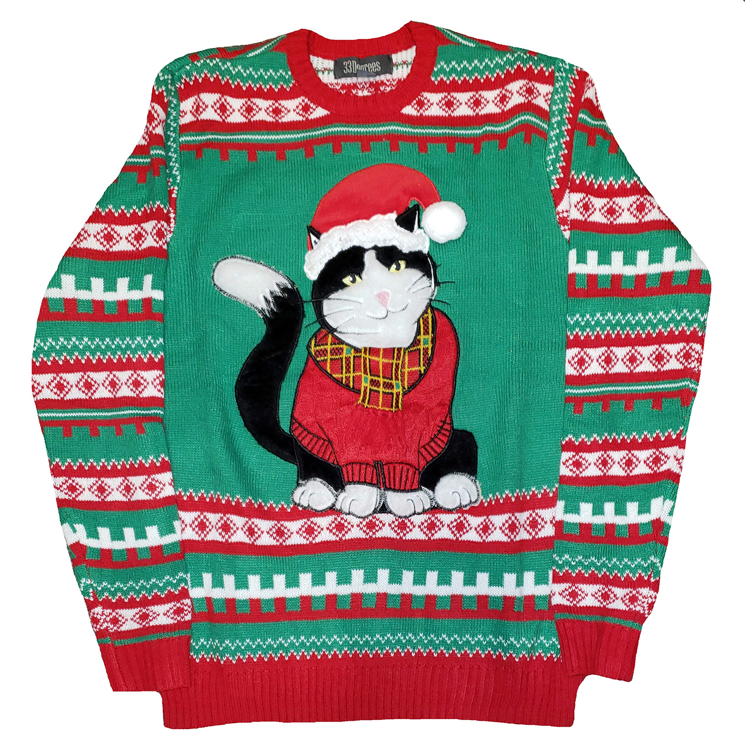 33 Degrees Mens Ugly Christmas Sweater Black And White Kitty
