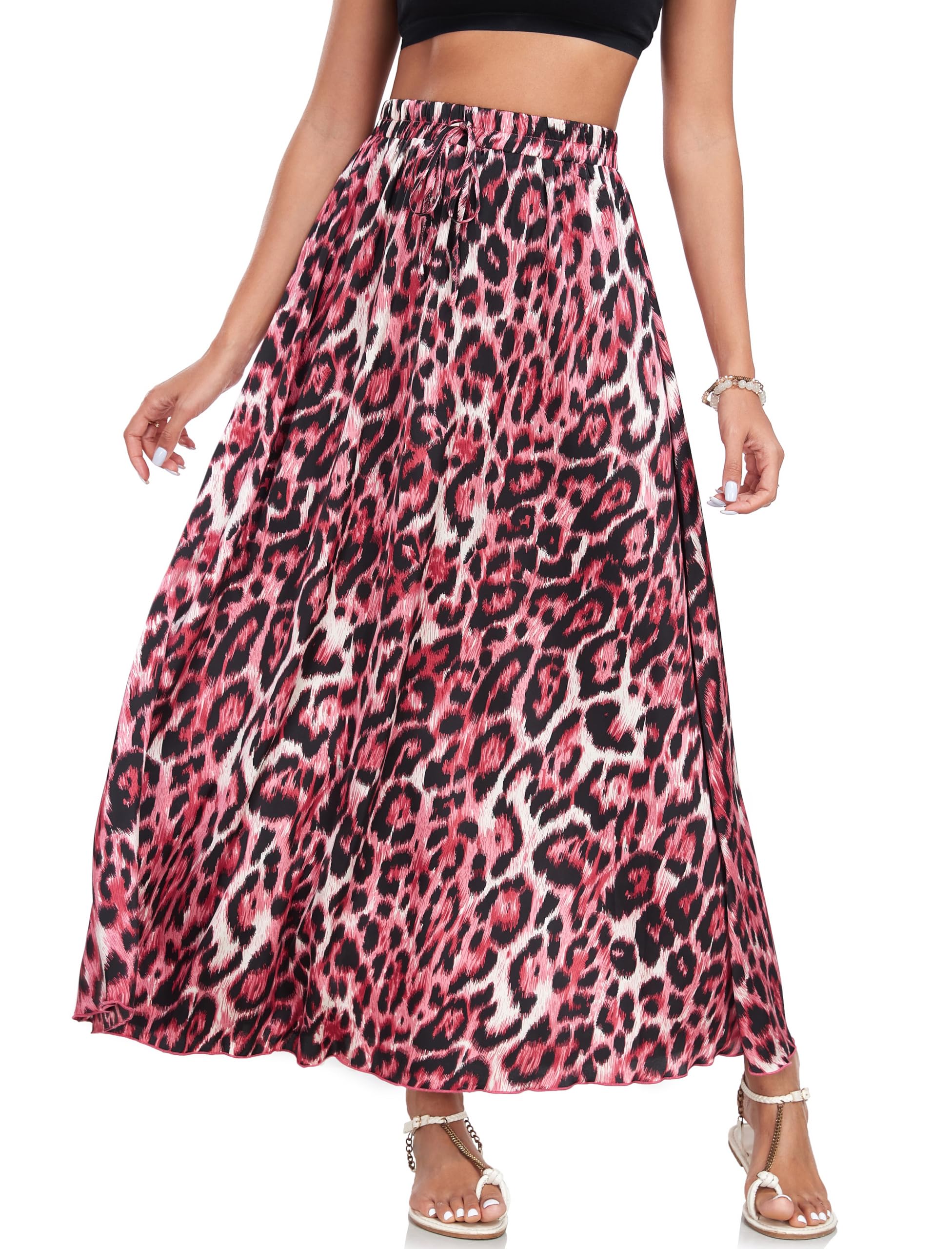 VintageClothing Long Skirts for Women Leopard Print Flowy Summer Flared A Line Maxi Skirts Elastic Waisted Trendy Dress