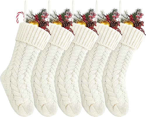 Fesciory Medias de Navidad de 18 pulgadas a granel, paquete de 5 calcetines colgantes de punto trenzado de gran tamaño para decoración familiar de
