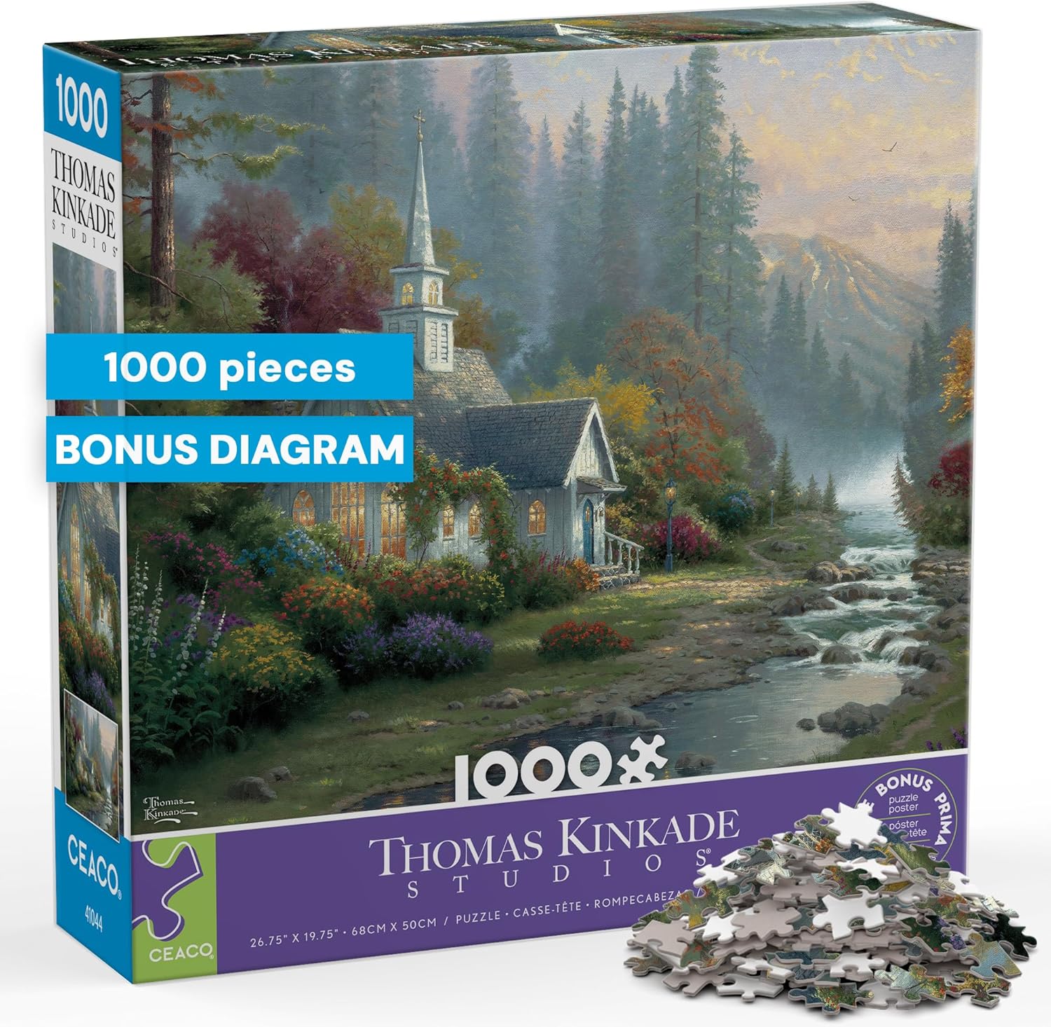 Ceaco - Thomas Kinkade The Forest Chapel 1000 Piece Jigsaw Puzzle Challenging and Colorful Puzzle for Adults – Precision-Cut Pieces, Beautiful Artwork, and Hours of Relaxing Fun