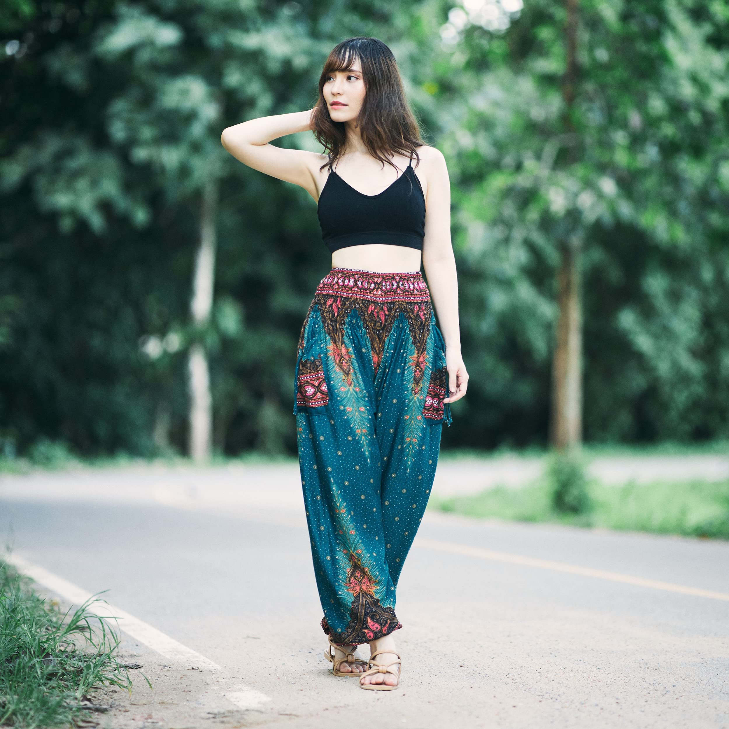 Lannaclothesdesign Damskie spodnie haremki do jogi boho z marszczoną talią ubrania hipisowskie