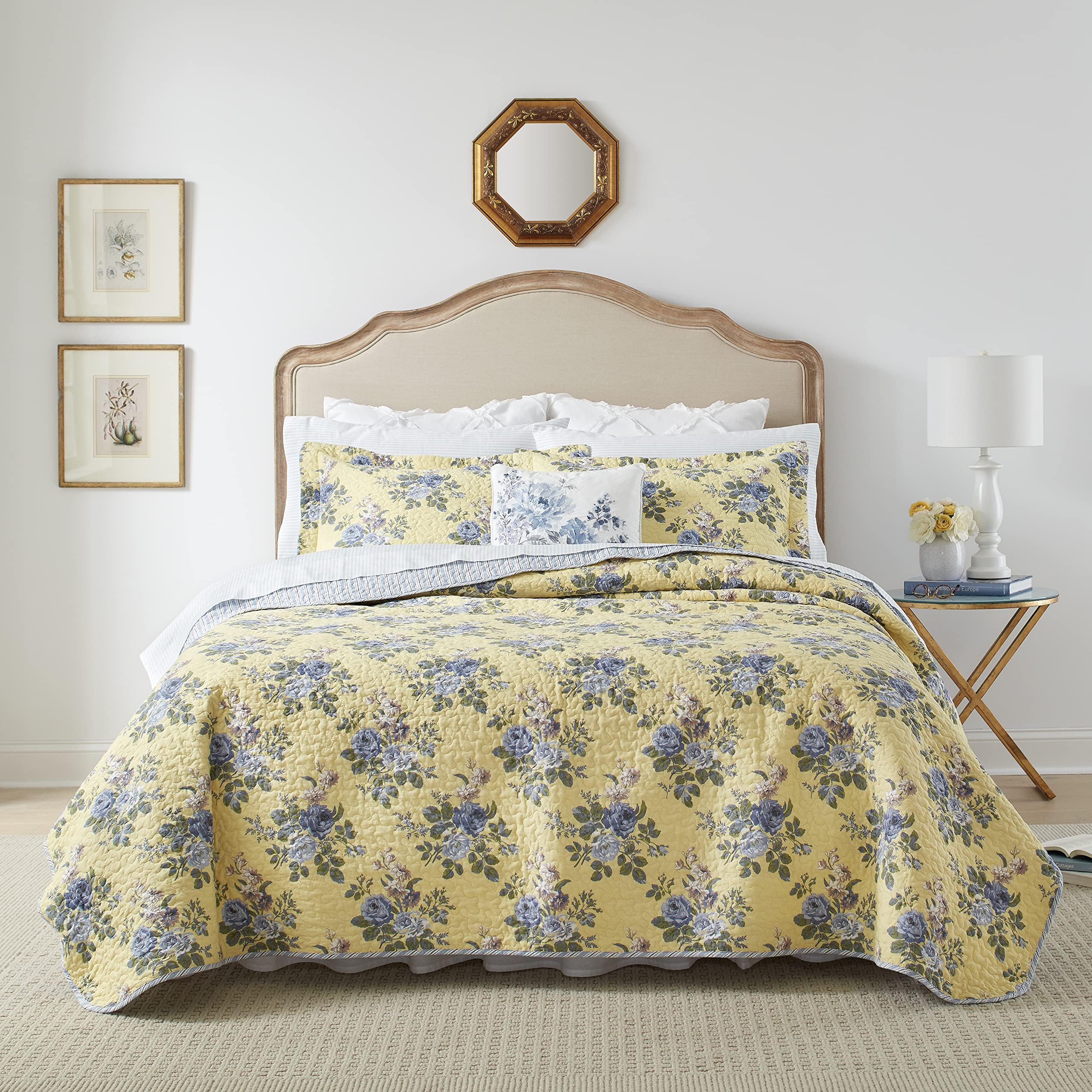 King Quilt Set, Reversible Cotton Bedding with Matching Shams, Lightweight Home Decor for All Seasons (Linley Yellow, King)
