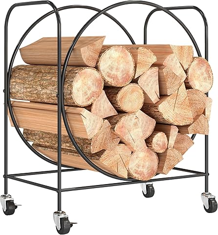 Outsunny Estante de Leña de Metal con Ruedas, Leñero Exterior e Interior, Soporte para Leña de Chimenea, Almacenamiento para Madera, 51x30x60 cm, Negro