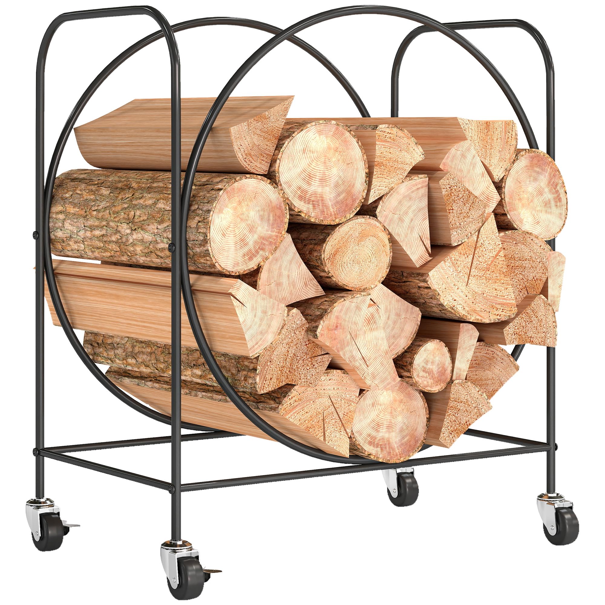 Outsunny Estante de Leña de Metal con Ruedas, Leñero Exterior e Interior, Soporte para Leña de Chimenea, Almacenamiento para Madera, 51x30x60 cm, Negro