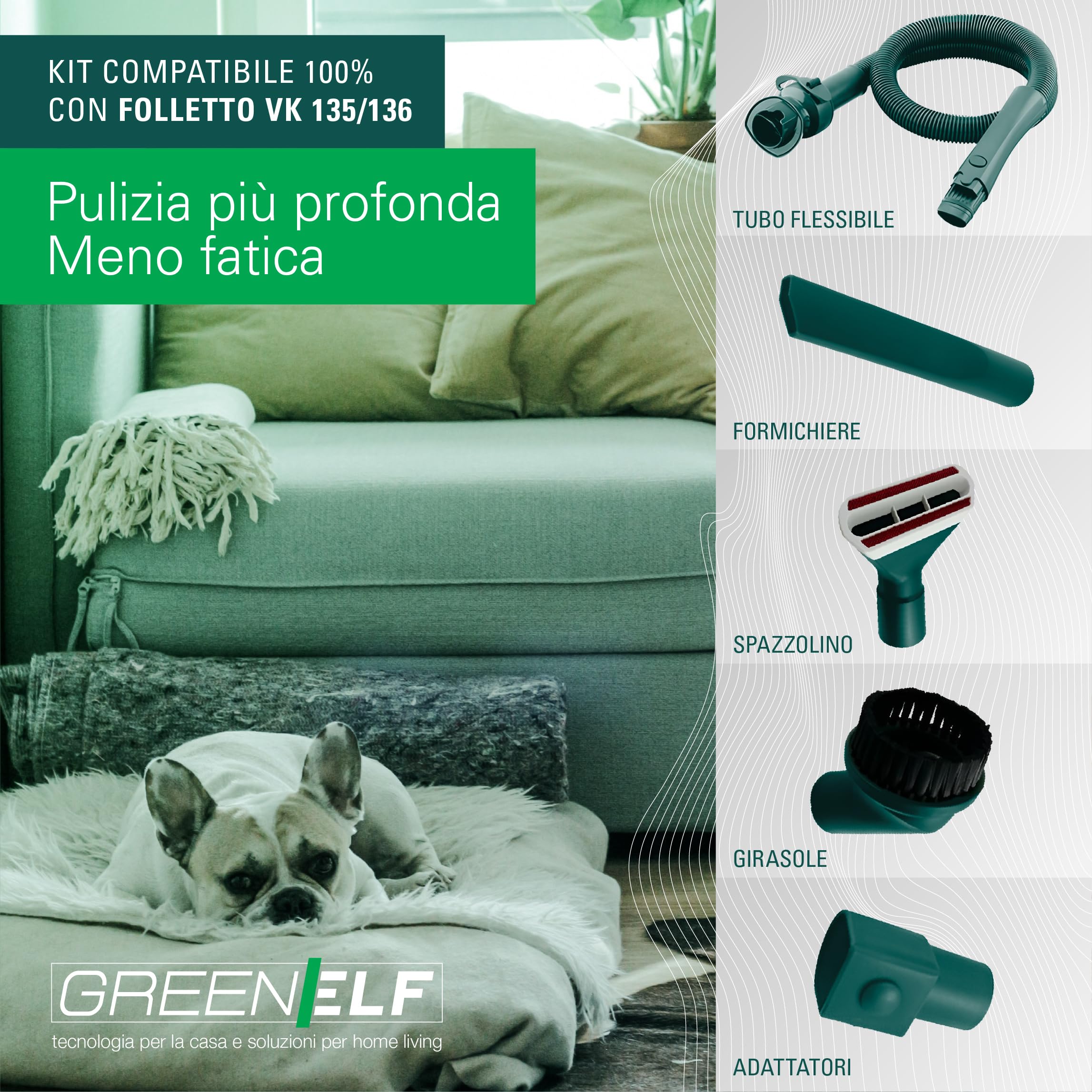 Kit Tubi Folletto VK135-136 | COMPATIBILI | Tubo Flessibile Per MODELLO 135 e 136 - COMPRENDE: Tubo Flessibile, Formichiere, Spazzolino, Adattatore, Girasole – Pulizia Profonda Auto e Casa, Verde