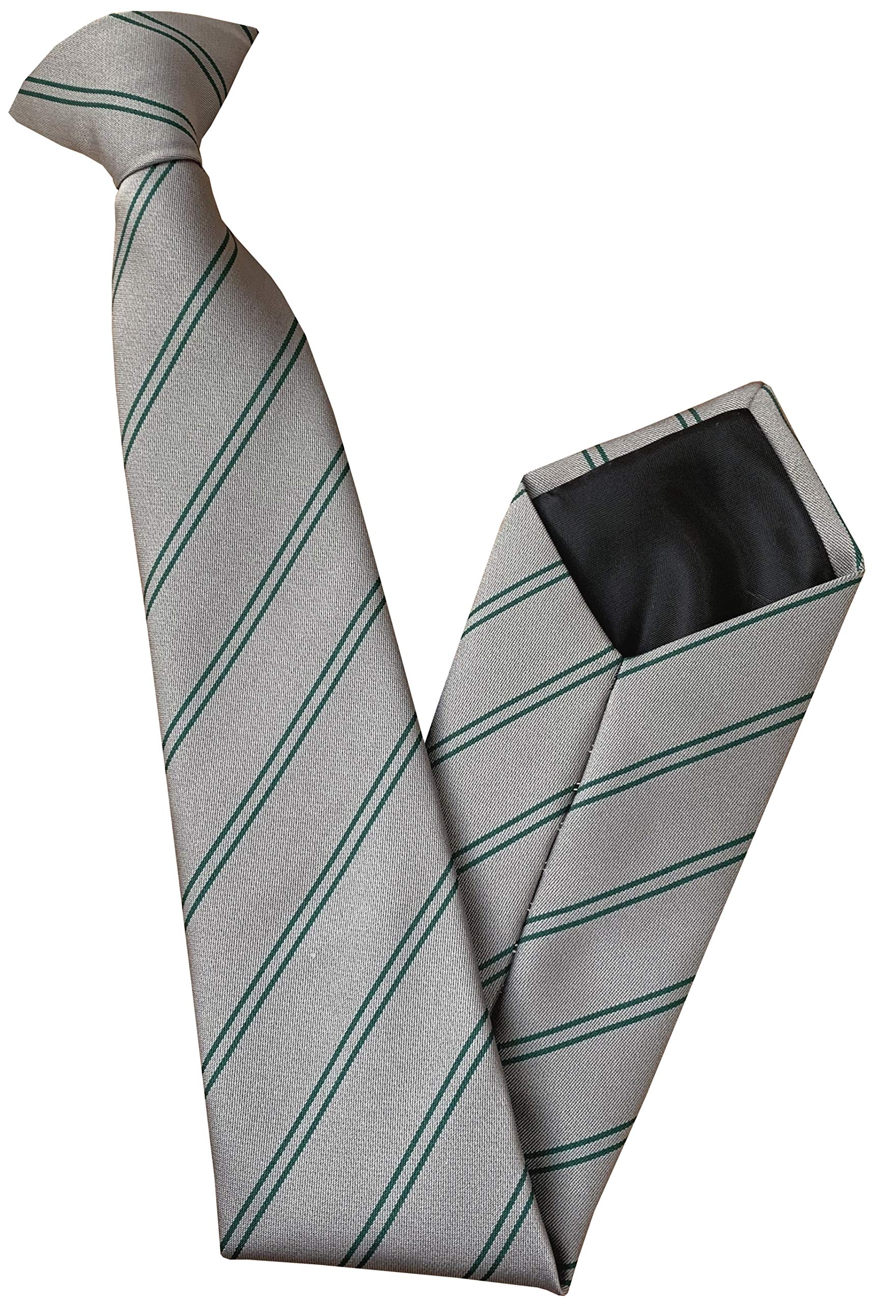 Men's Clip On Tie (Grey with Bottle Green Double Stripes)